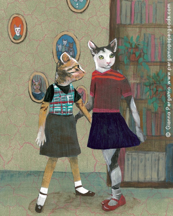 Lesbian Art Print 8"x10", Best Friends, Lesbian Girlfriend, Lesbian Pride, Cat Art, Cat Lover Gift, Lesbian Wedding, 1st Anniversary Gift