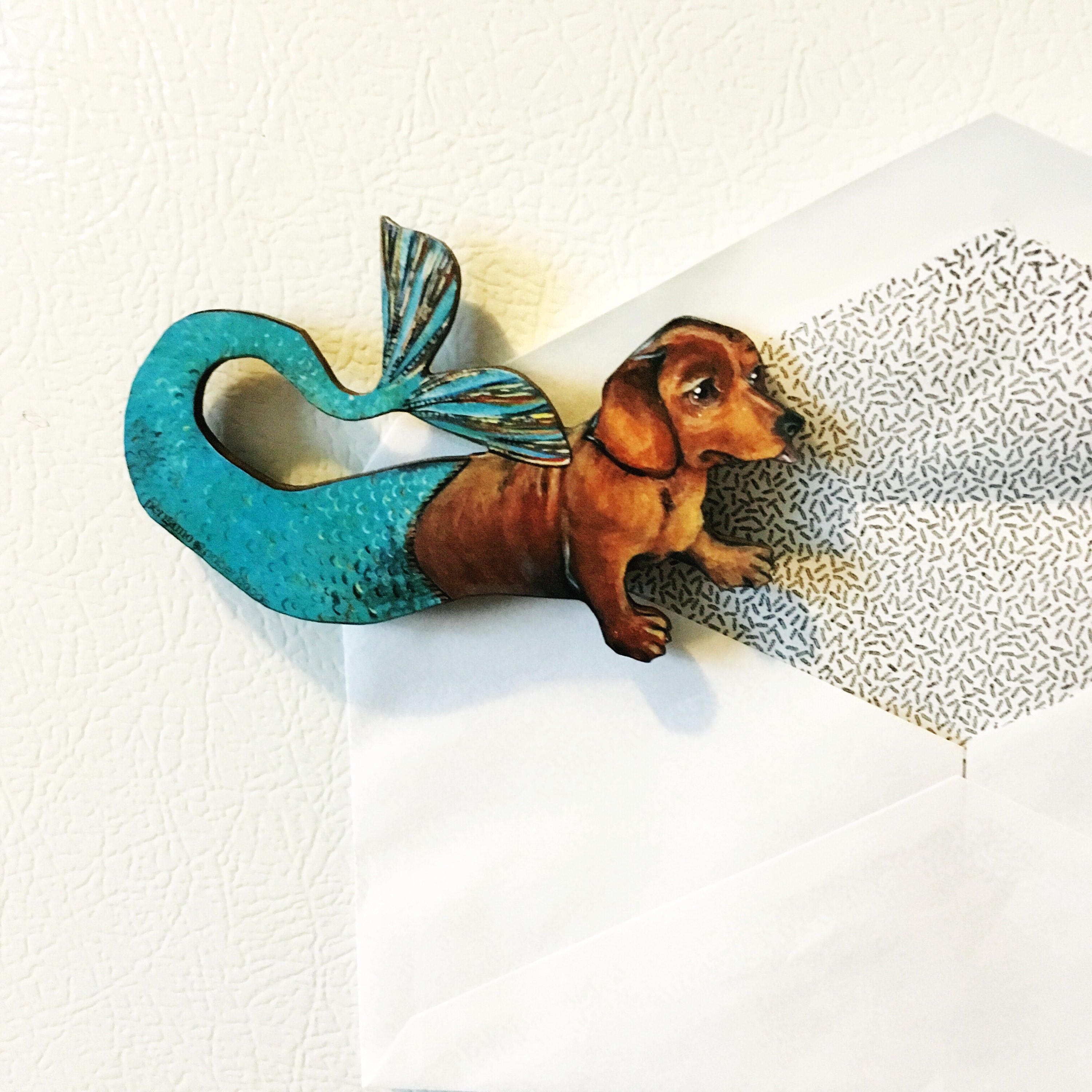 Mermaid Dachshund Magnet, Dog Magnets Fridge, Back to School Gift, Dog Lover Decor, Wooden Illustrated Dachshund, Dog Memorial Gift - Thumbnail 7