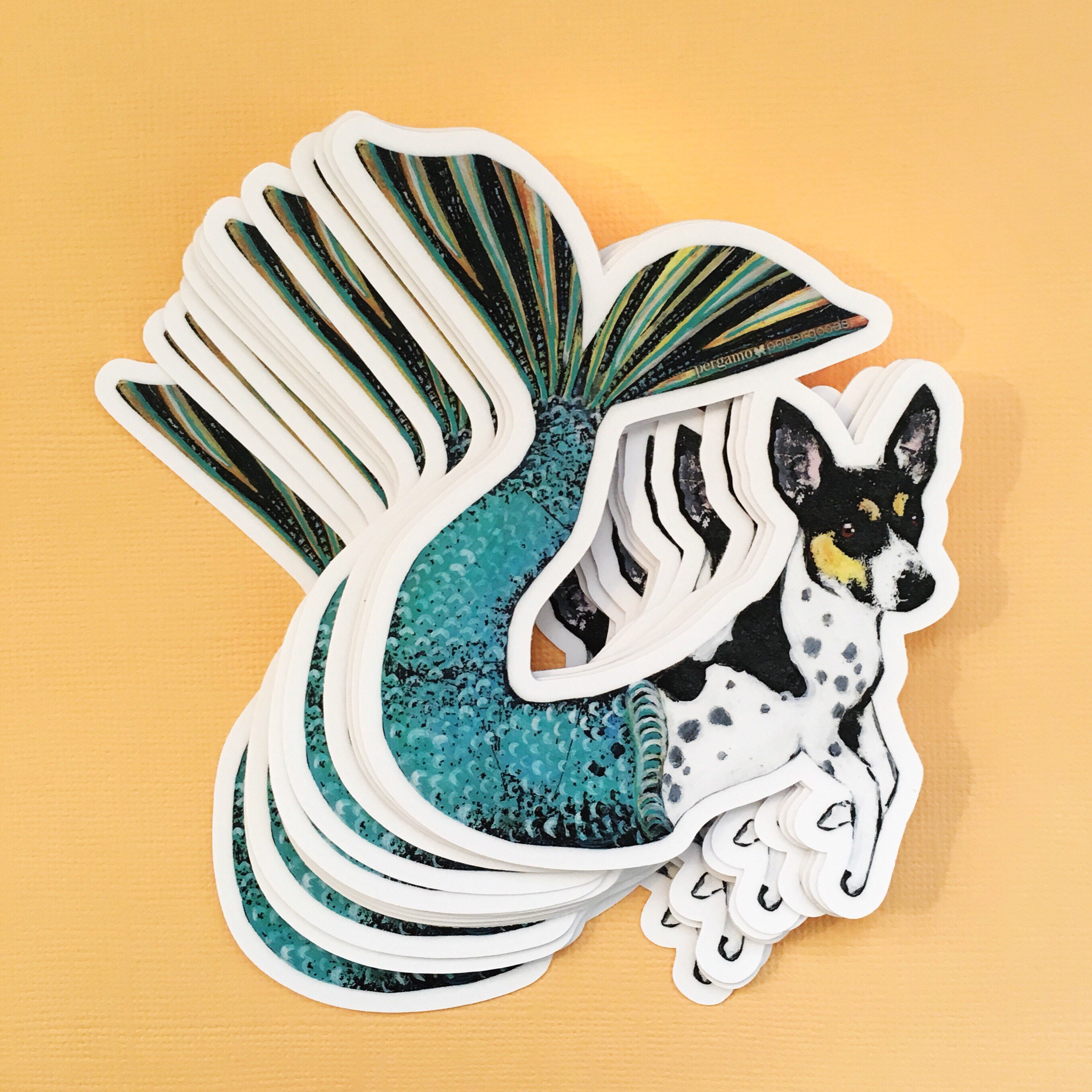Mermaid Dog Sticker, Vinyl Rat Terrier Stickers, Laptop Decal, Mermaid Decals, Weird Art Jack Russell, Durable Outdoor VSCO Hydroflask Flask - Thumbnail 3