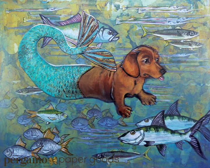 Mermaid Dachshund Art Print, 8x10 Dog Mermaid Lover Decor, Beach House Wall Art Weird, Vintage Mixed Media Dogs Illustration, Animal Rescue - Thumbnail 2