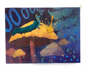 Alice in Wonderland Art, Surreal Mixed Media Hookah Caterpillar, Collage Wall Art, Mushrooms Mushroom, Vintage Painting, Weird Art on Wood