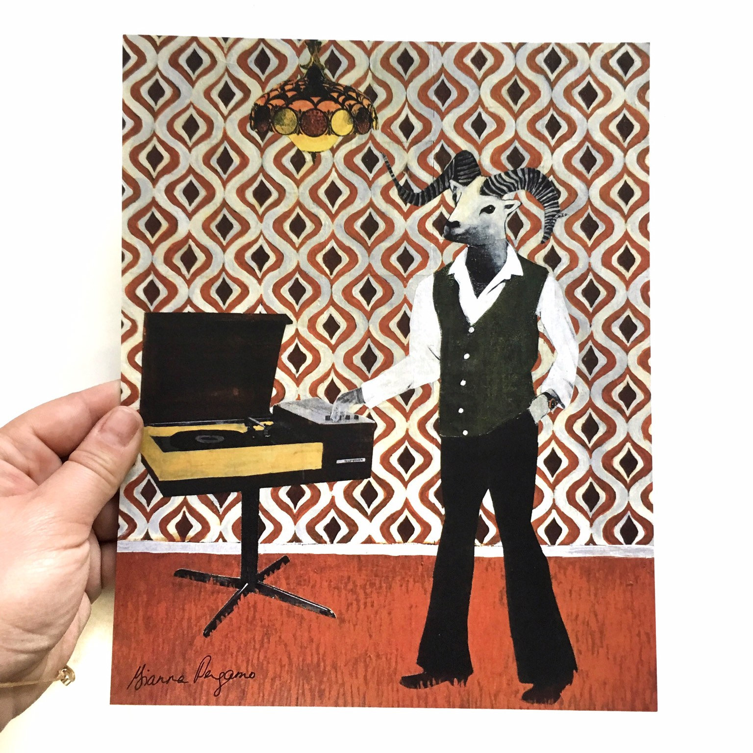 Weird Art, Retro 70s Sheep Animal Art Print, 8x10" Surreal Illustration, Cool Bathroom Decor, Record Player, Bar Gift Vintage Gifts for Dad - Thumbnail 2