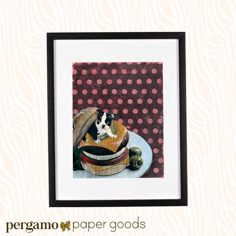 Boston Terrier Art Print, 8x10" Retro Cheeseburger Puppy, Unique Weird Dog Collage, Dog Kitchen Decor, Red Polka Dots, Vintage Hamburger Art - Thumbnail 2