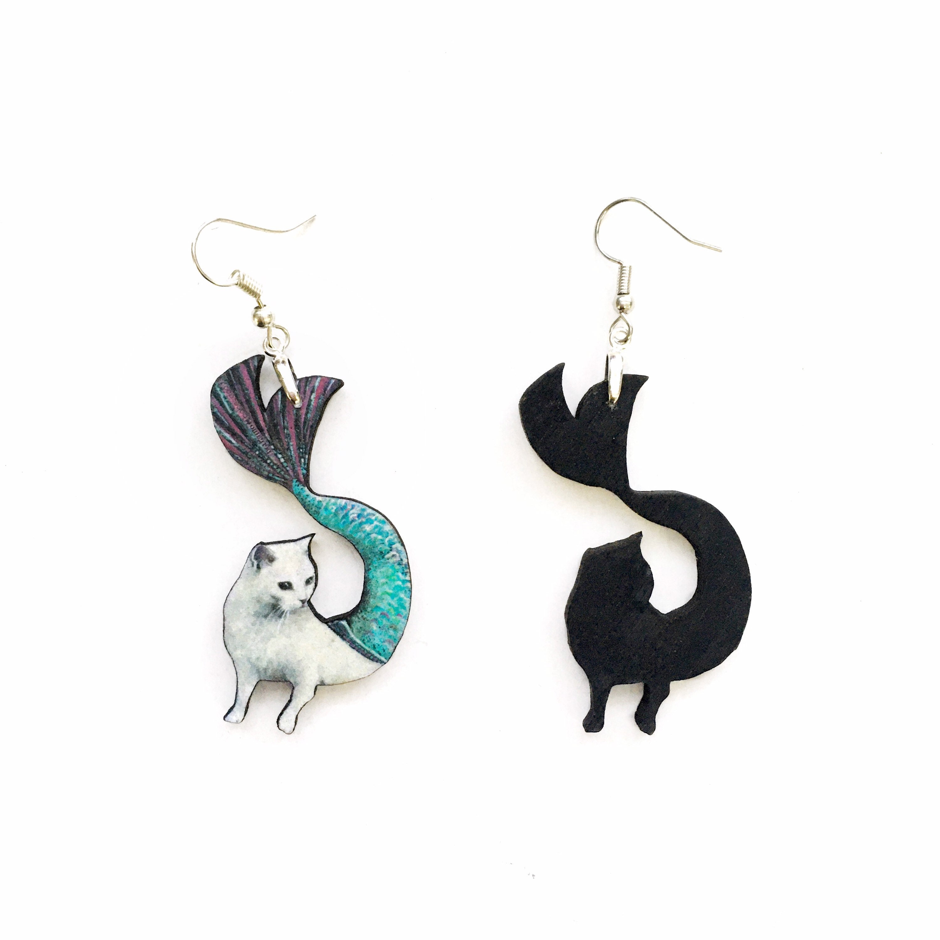 Mermaid Cat Earrings, Cat Jewelry, Weird Earrings, Kitsch Earrings, Stainless Steel Laser Cut Wood Dangle Earrings, Illustrated Retro Cat - Thumbnail 6