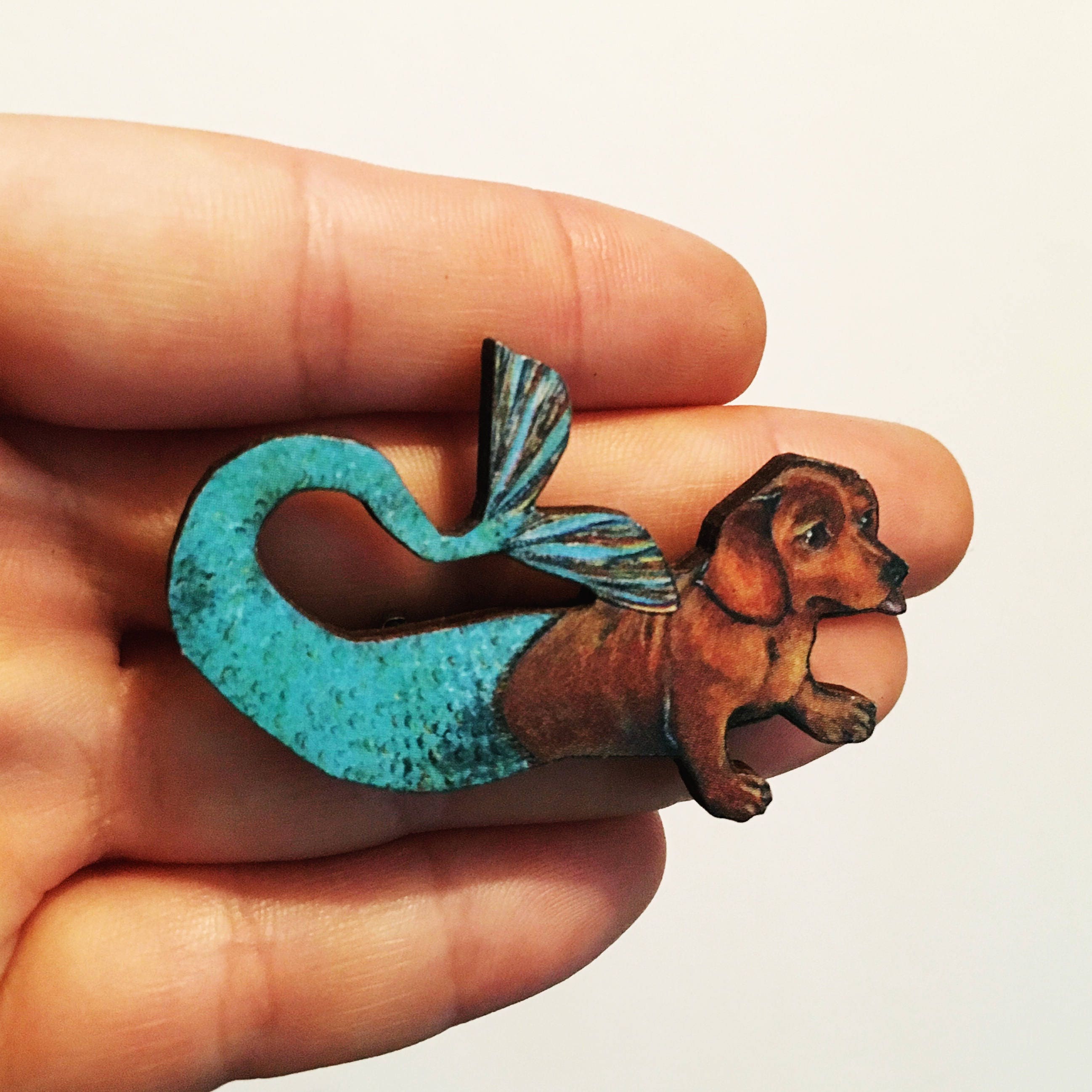 Weird Dachshund Gifts, Mermaid Dachshunds Pin, Dog Brooch, Laser Cut Wood Animal Jewelry, Illustrated Dachshund Lapel Pins, Pet Memorial