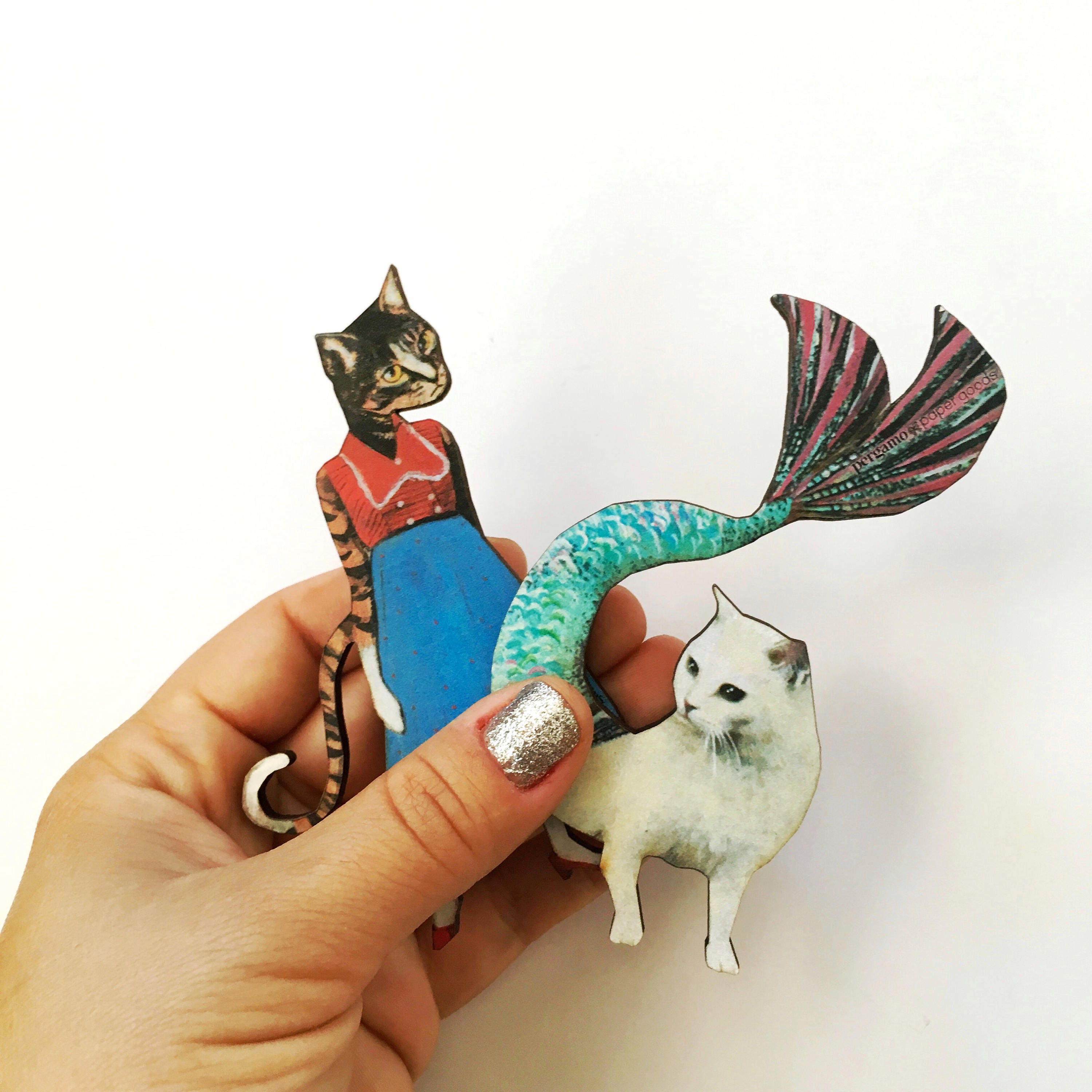 Cat Magnet Set, Mermaid Cat Refrigerator Magnets, Retro Decor, Housewarming Gifts for Cat Lover, Animal Lover Gift, Retro Home Kitchen - Thumbnail 2