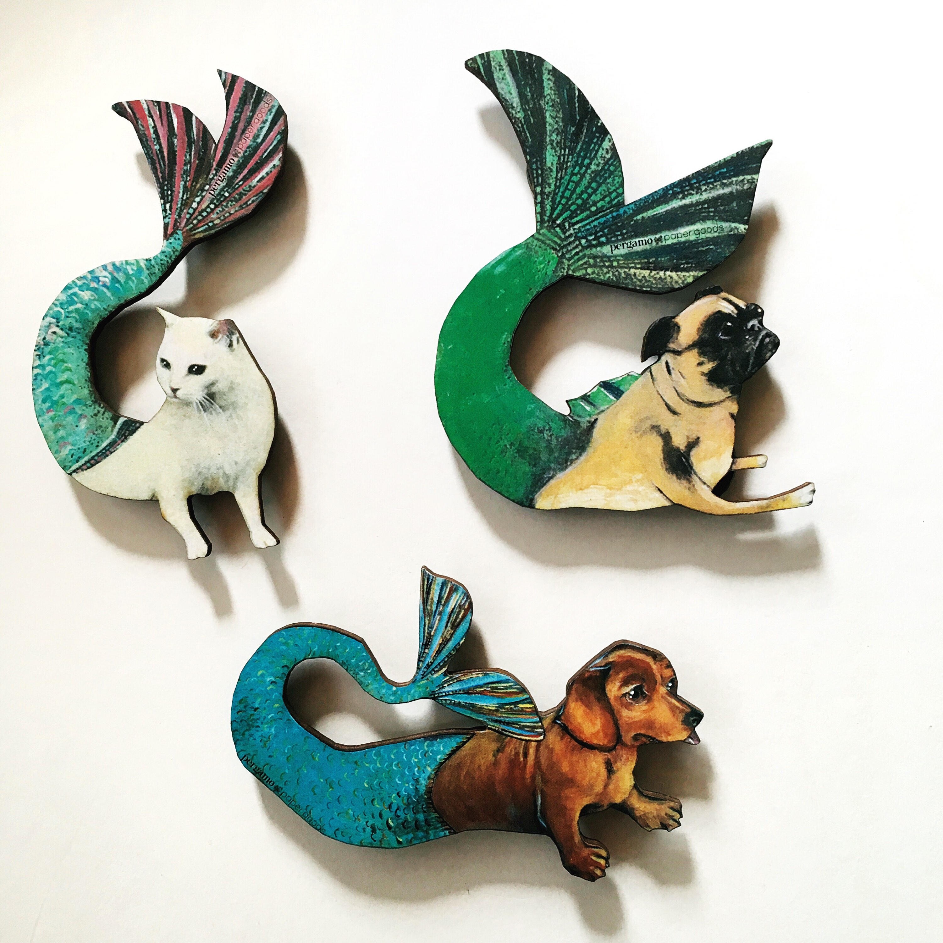 Mermaid Magnet Set - Pug + Dachshund + Cat Magnets, Back to School Locker, Illustrated Wood Magnet, Vintage Kitchen Gifts, Weird Gift Set - Thumbnail 5