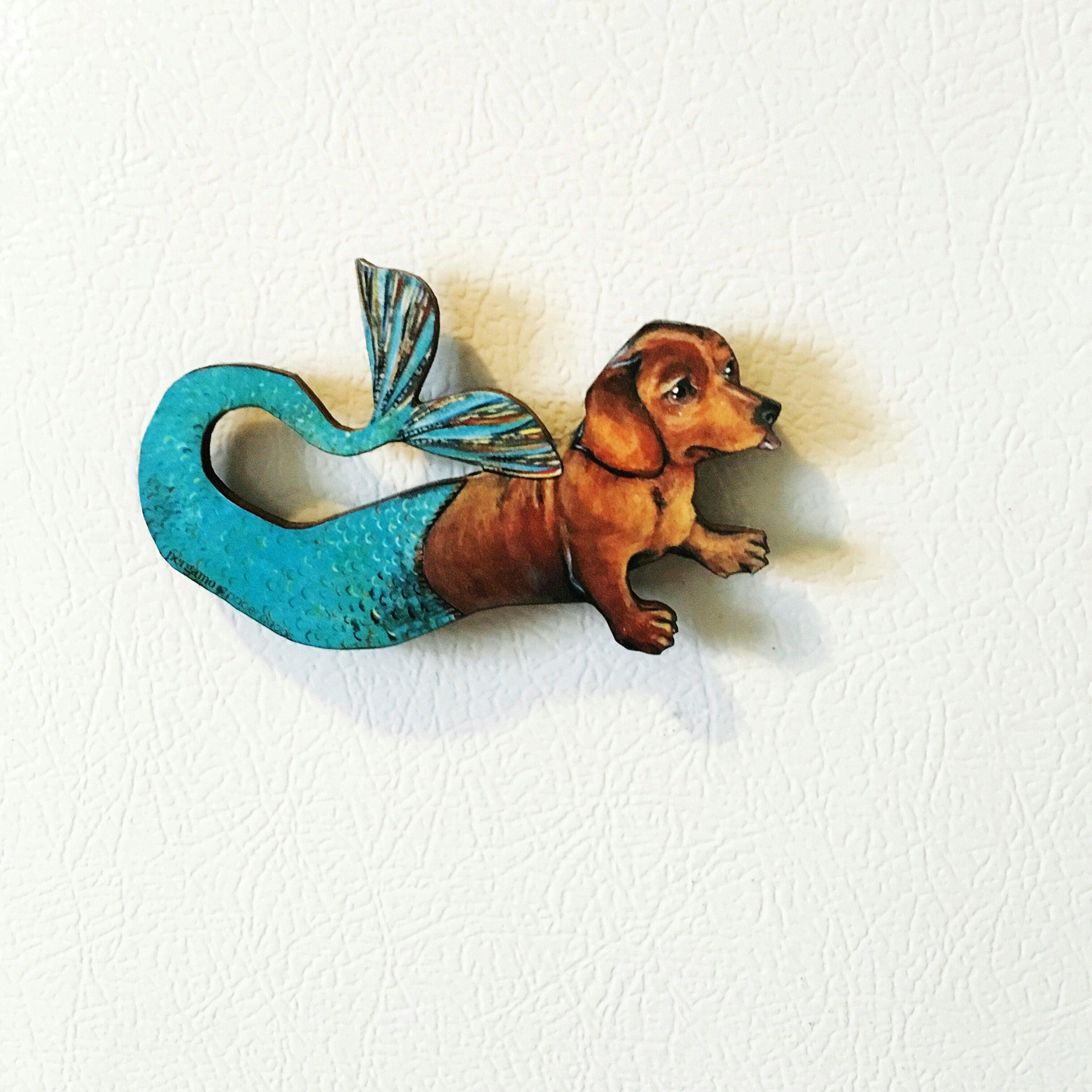 Mermaid Dachshund Magnet, Dog Magnets Fridge, Back to School Gift, Dog Lover Decor, Wooden Illustrated Dachshund, Dog Memorial Gift - Thumbnail 3