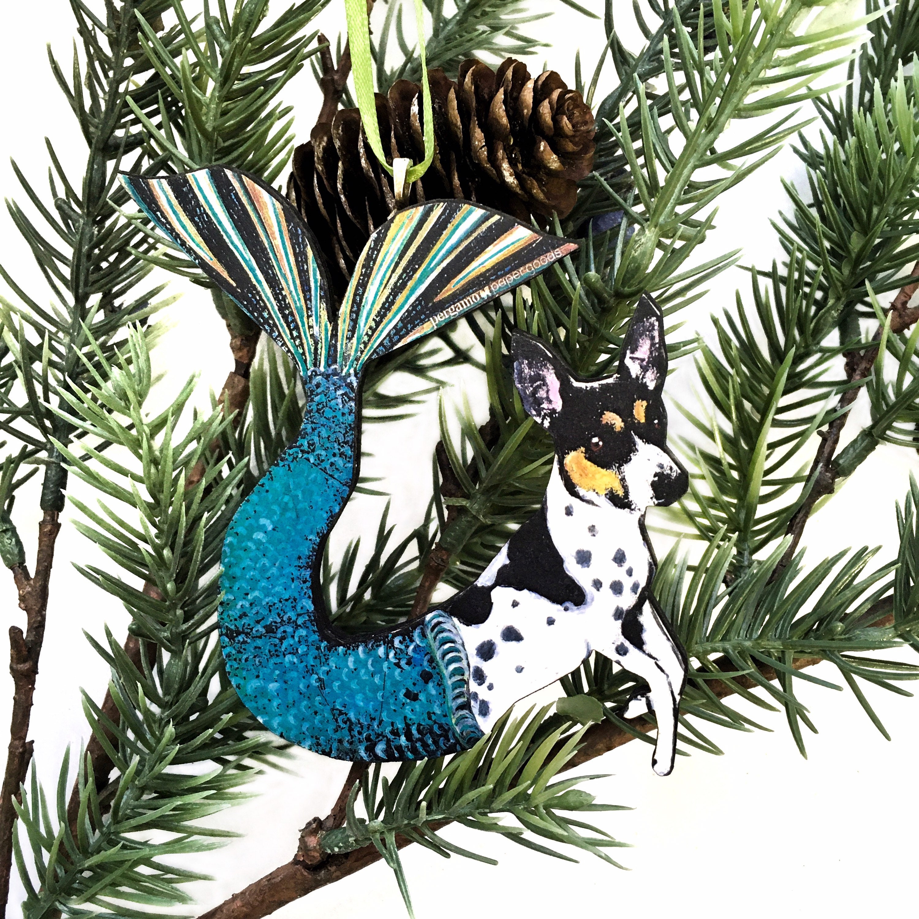 Mermaid Dog Ornament, Wood Illustrated Rat Terrier Christmas Laser Cut Ornament, Dog Mom Gift, Memorial Gifts for Dog Lovers, Wholesale - Thumbnail 3