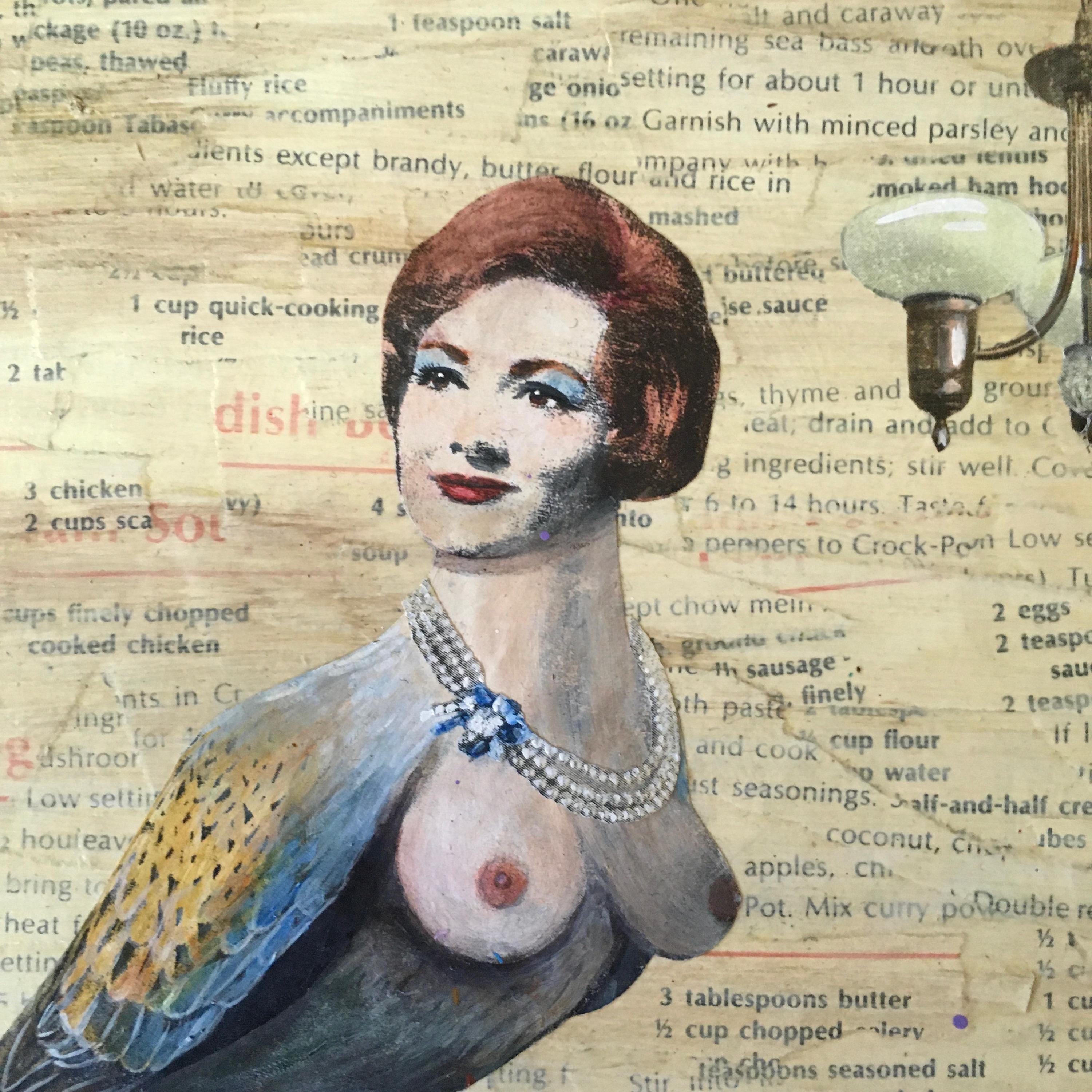 Vintage Harpy Painting, Retro Inspired Mixed Media Art, Collage Wall Painting, Original Acrylic Wall Art, Weird Animal Lover Gift Green - Thumbnail 2
