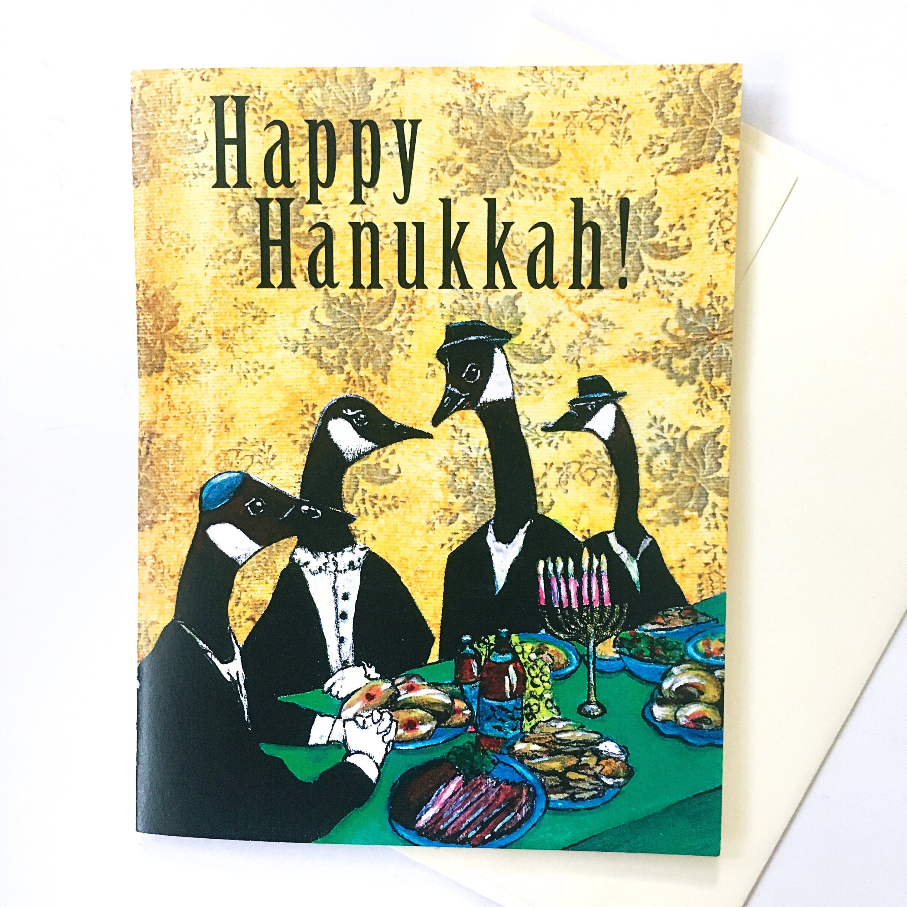 Unique Hanukkah Card or Card Set, Illustrated Geese, Retro Animal Chanukah Cards, Weird Jewish Holiday Stationery Set, Vintage Fancy Animals - Thumbnail 2