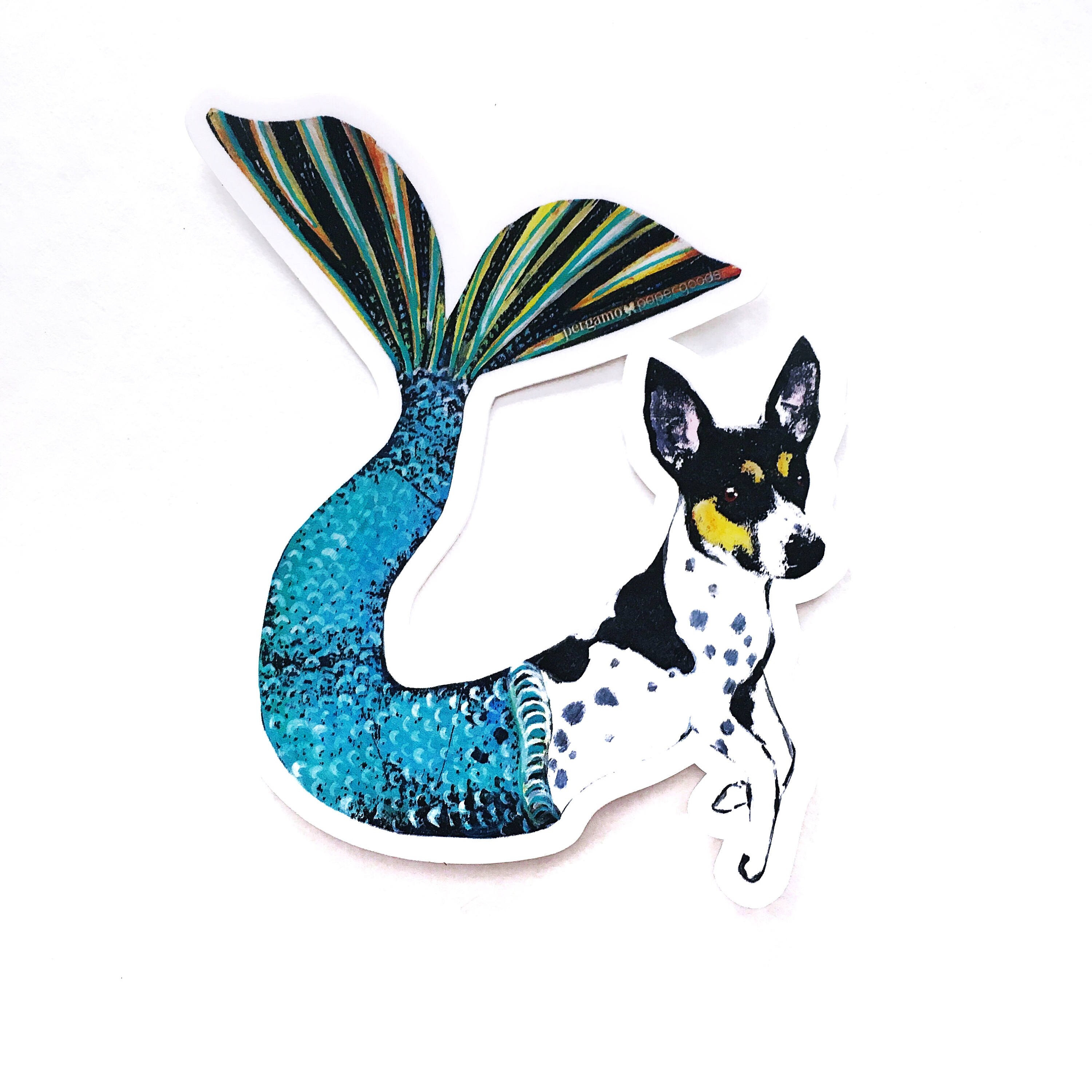 Mermaid Dog Sticker, Vinyl Rat Terrier Stickers, Laptop Decal, Mermaid Decals, Weird Art Jack Russell, Durable Outdoor VSCO Hydroflask Flask - Thumbnail 4