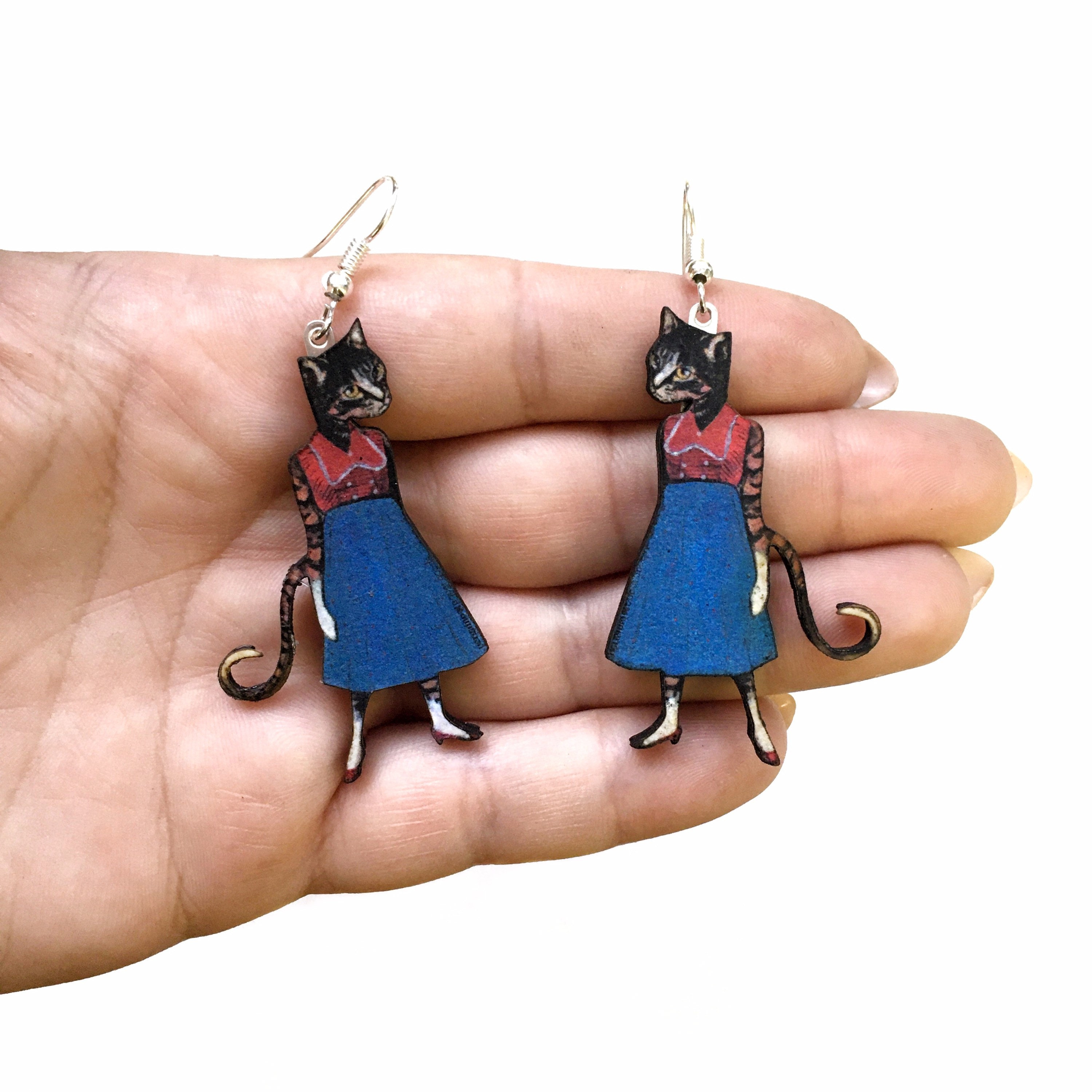 Retro Cat Earrings, Cat Lover Jewelry, Weird Earrings Kitty Dangle Earrings, Illustrated Dressed Up Cats Clip On Ons - Thumbnail 2