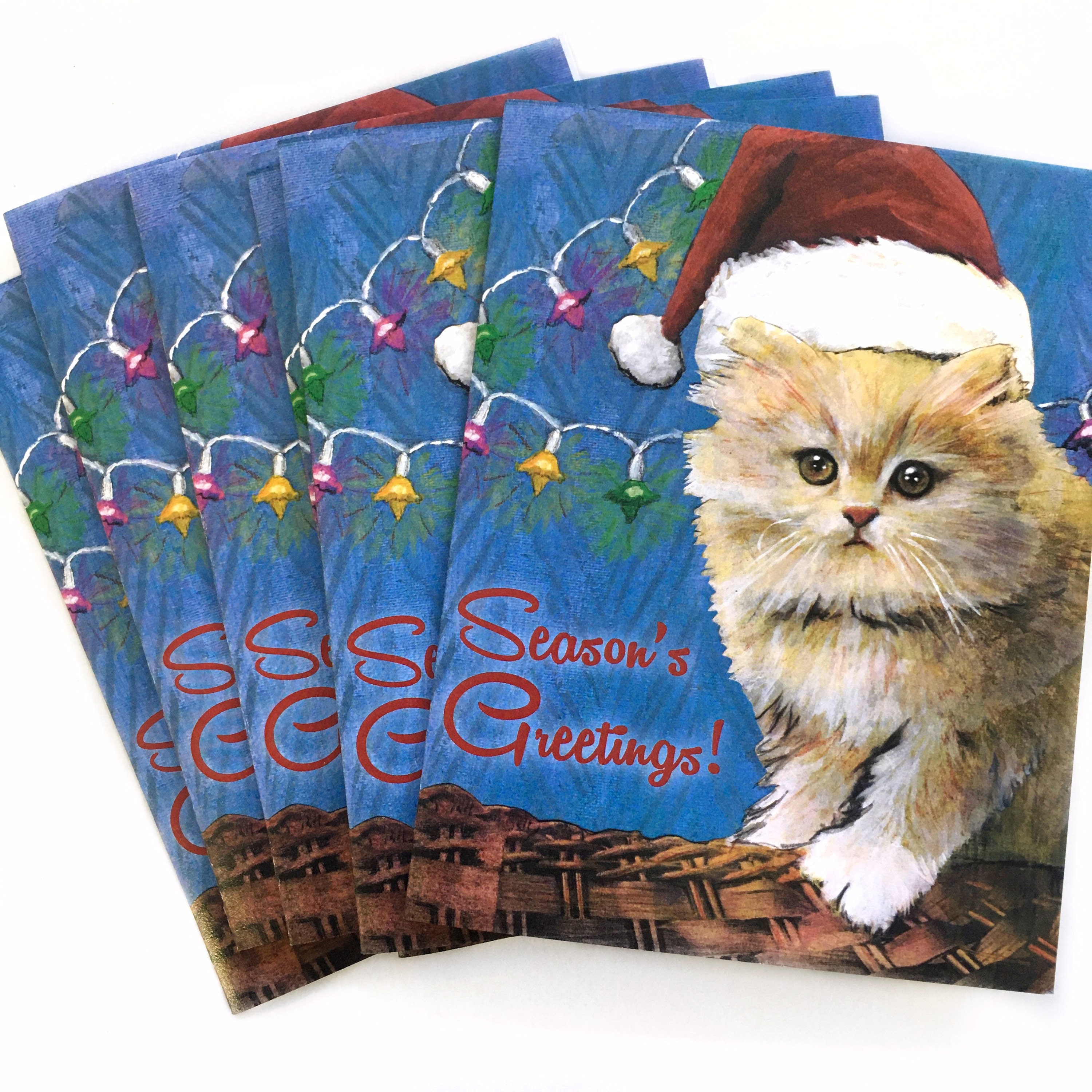 Cat Christmas Card or Card Set, Weird Christmas Cat, Vintage Holiday Cards, Vintage Christmas Kitsch Kitten Holiday Party, Stationery Set - Thumbnail 2