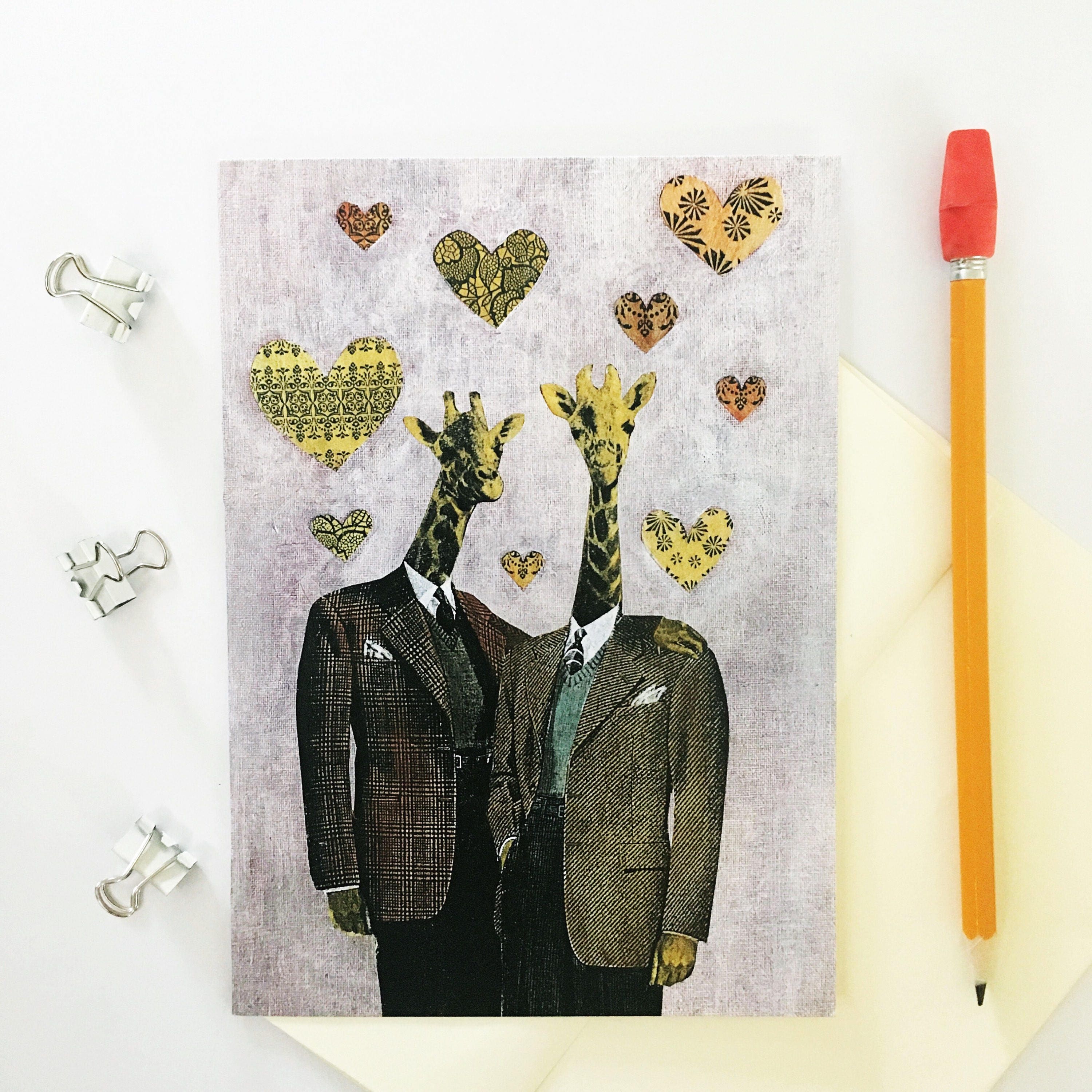 Gay Card, Giraffe LGBTQ Love Greeting Cards, Gay Marriage, LGBT Cards for Men, Animals in Clothes, Weird Wedding Gift, Queer Love Hearts - Image 1