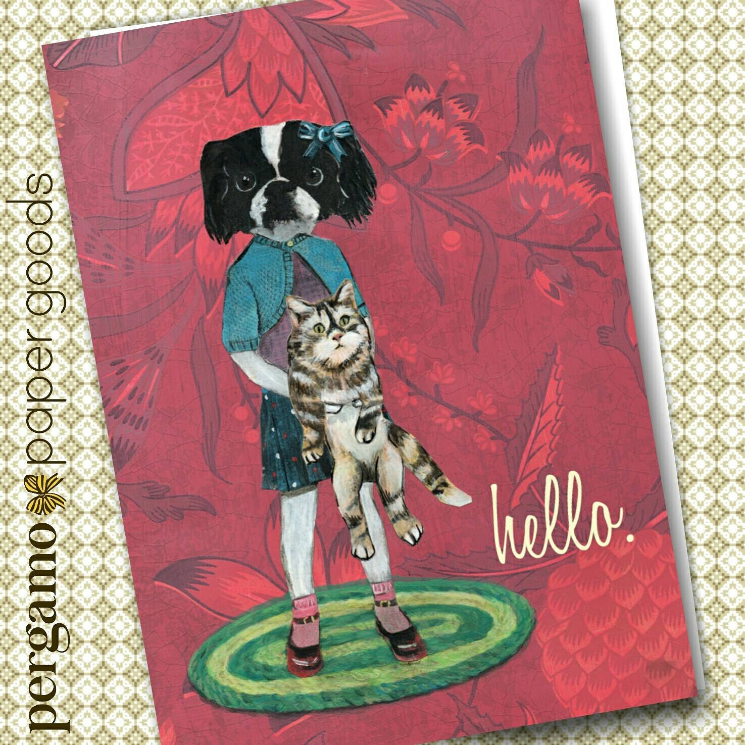 Japanese Chin Card, Hello Blank Dog Greeting Cards, Vintage Dogs and Cats Weird Art, Unique Handmade Collage Stationery