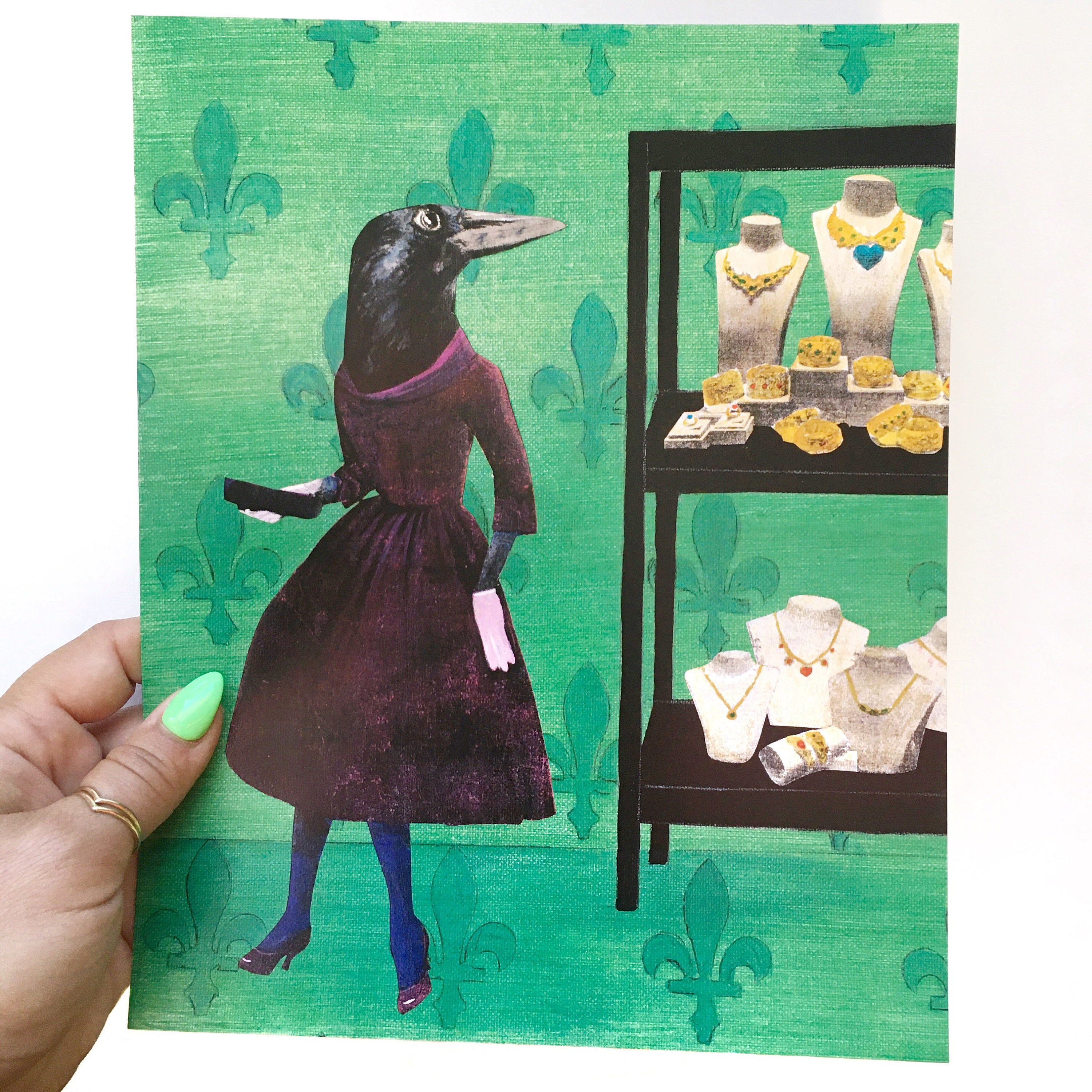 Crow Art Print, Vintage Blackbird with Jewels, Kitschy Retro Fashion Housewarming Gift, Weird Art, Kitsch Decor Gifts, Collage Illustration - Thumbnail 2