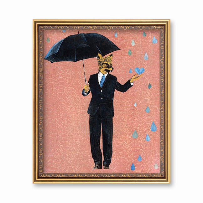Fox Art Print, 8x10 Fox Holding Umbrella, Retro Dressed Up Animals in Clothes, Weird Art, Vintage Animal Decor, Rainy Season, Sun Shower - Thumbnail 2