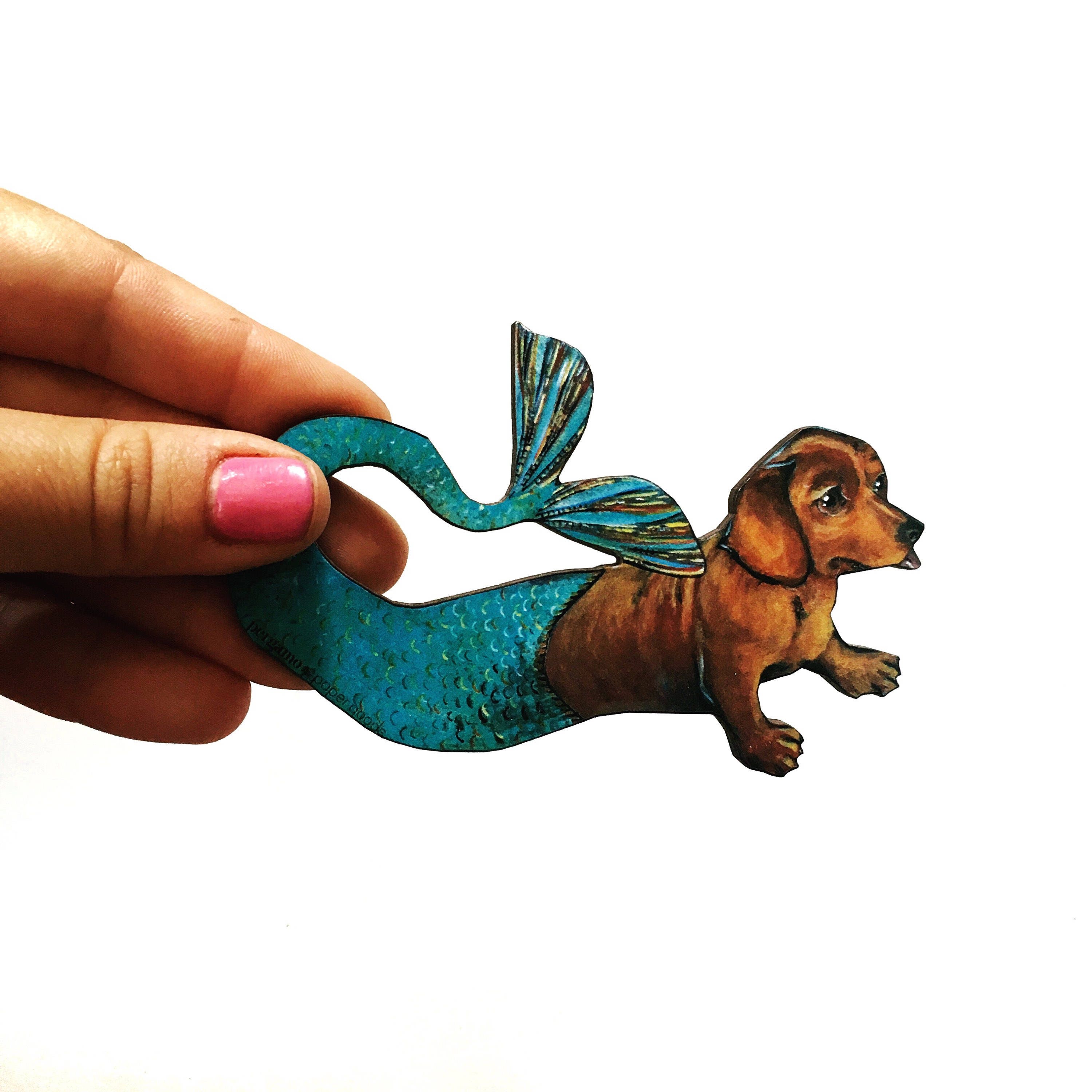 Mermaid Dachshund Magnet, Dog Magnets Fridge, Back to School Gift, Dog Lover Decor, Wooden Illustrated Dachshund, Dog Memorial Gift