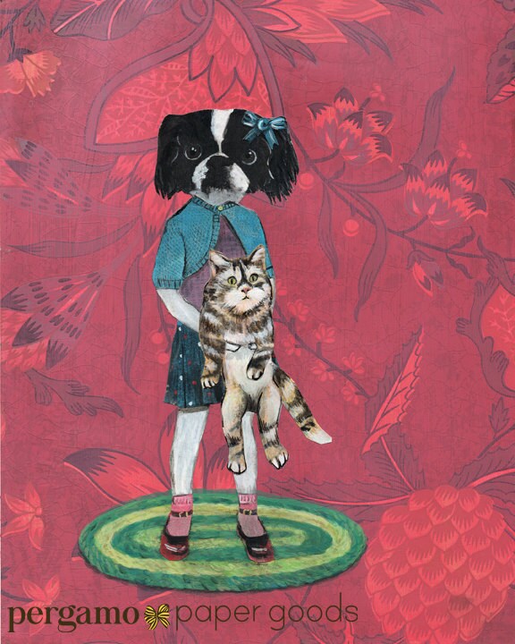 Weird Dog Art Print, 8x10" Japanese Chin Signed Dog and Cat Anthropomorphic Animals in Clothes, Retro Dogs Collage, Red Pink Pattern Art