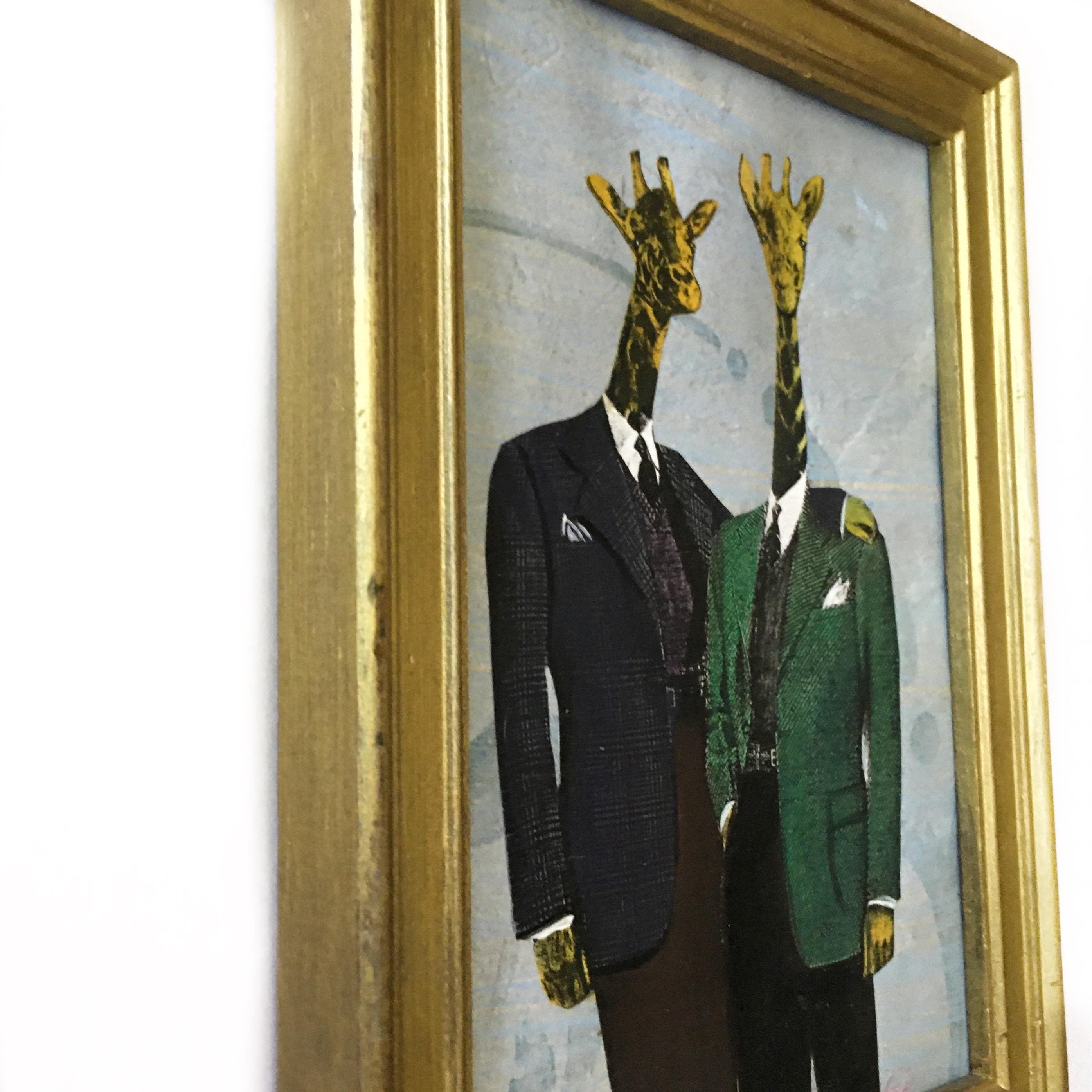 Gay Giraffes Art, Mini Painting, Vintage Inspired Mixed Media Art, Collage Wall Painting, Original Acrylic Artwork, Weird Animal Lover Gift - Thumbnail 2