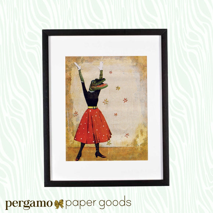 Alligator Art Print, 8x10 Retro Wall Decor, Feminist Girl Power Gifts Boss Lady Feminism, Surreal Vintage Florida Gators, Weird Art Kitsch - Thumbnail 2