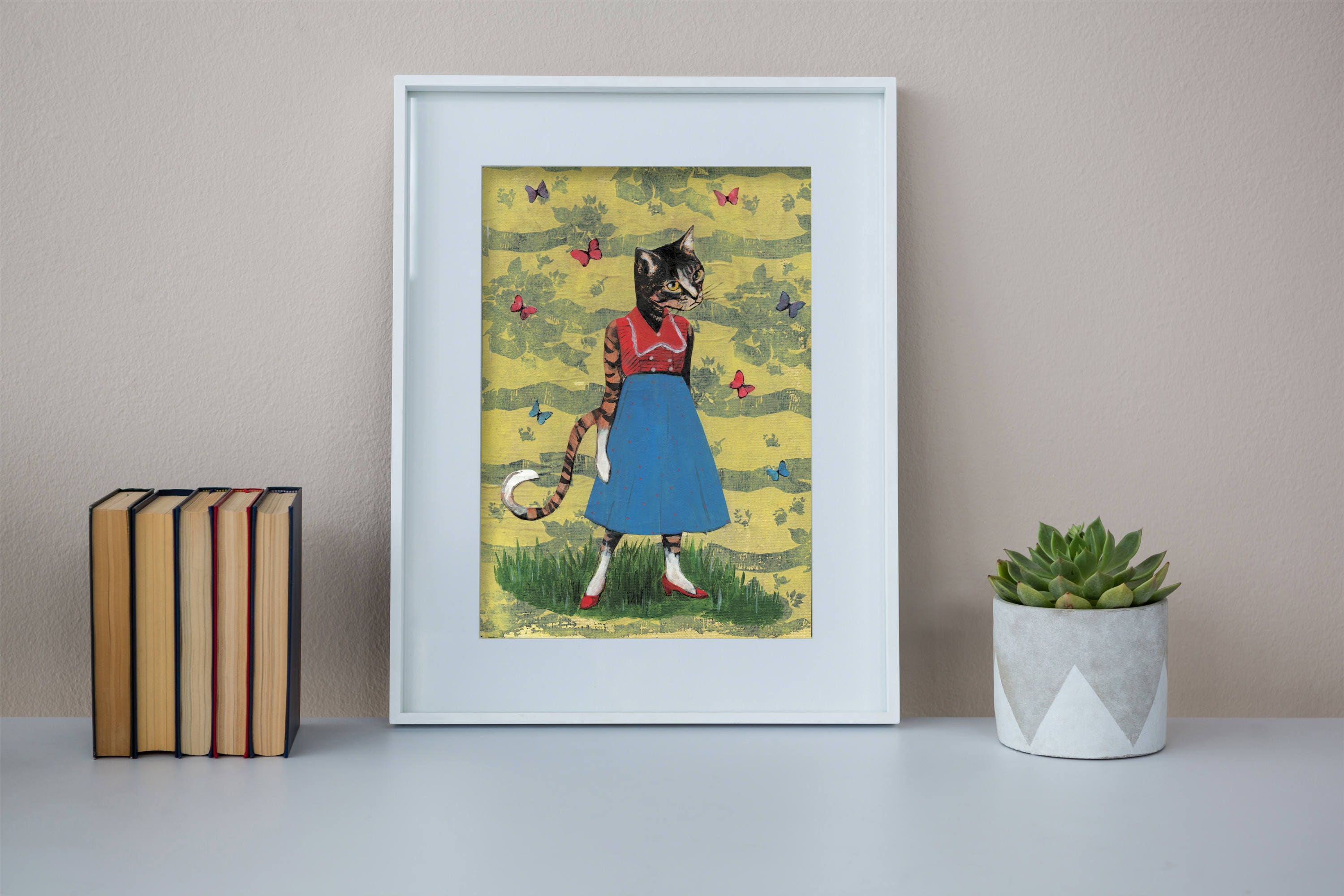 Butterfly Cat Art Print, 8x10 Weird Cat Bathroom Art, Vintage Animal Art, Primary Colors, Crazy Cat Lady, Cat Mom Gift, Wholesale Art