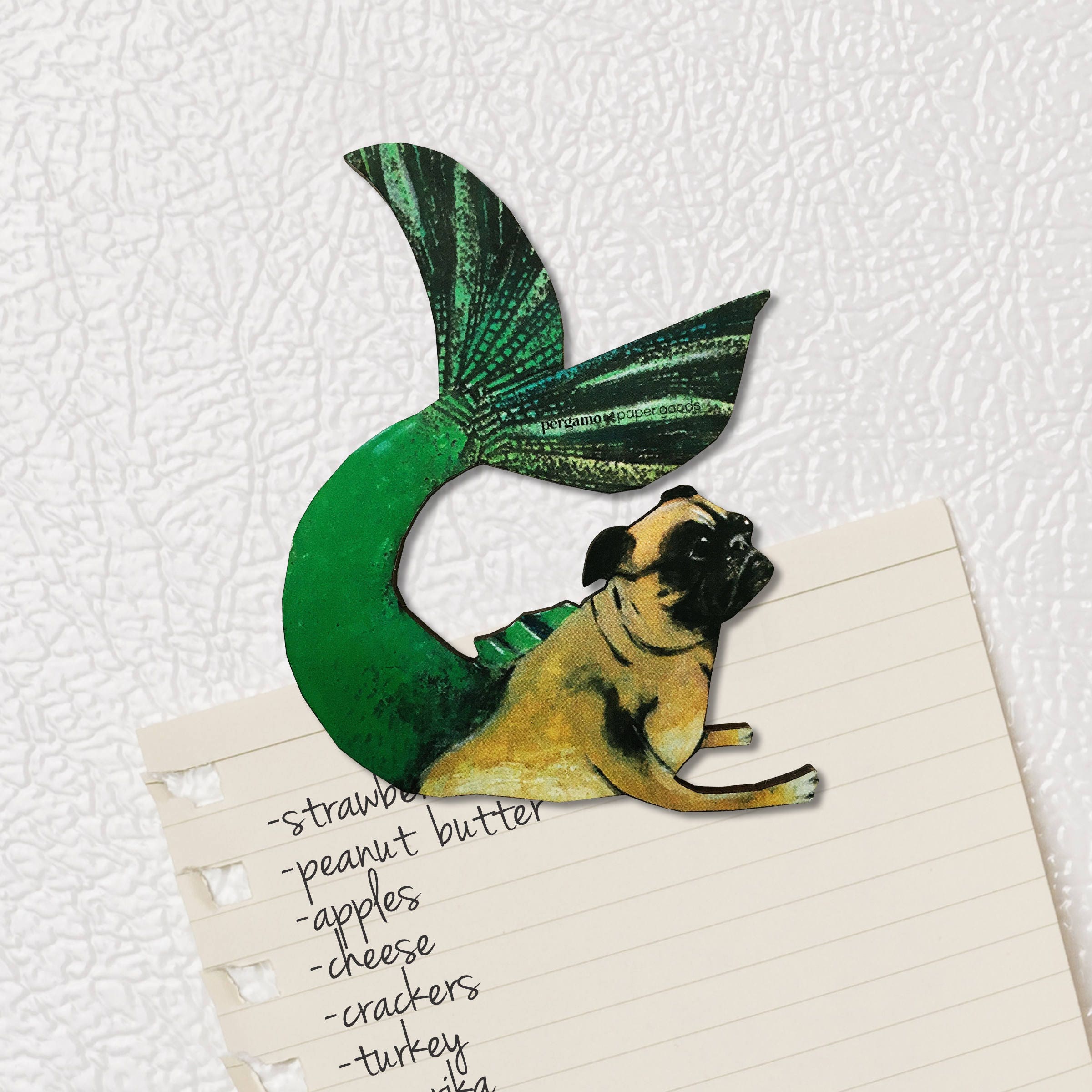 Mermaid Pug Magnet, High Quality Dog Refrigerator Magnets Fridge Mermaid Decor, Fantasy Pug Gifts, Laser Cut Wood, Illustrated Pug Wholesale