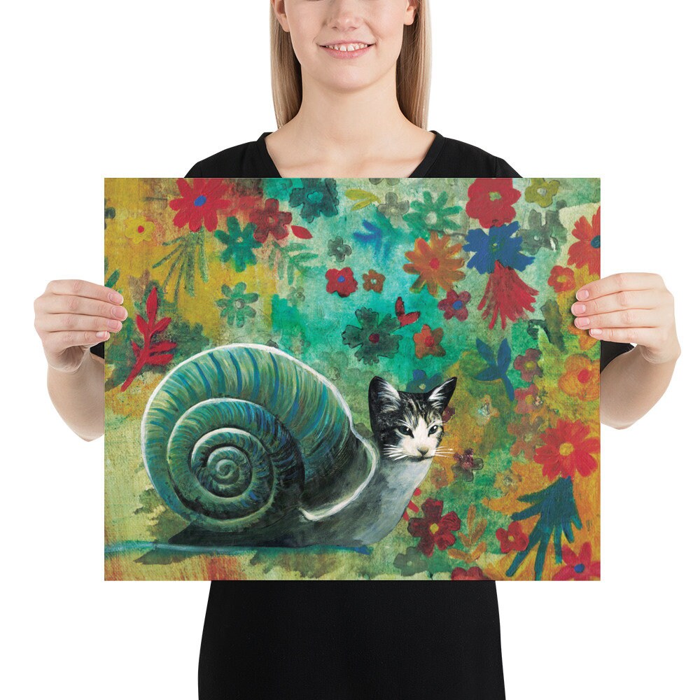 Weird Cat Art Poster 16x20", Snail Gifts, Housewarming Gift, Weird Art Cat Lover, Giclee Print, Art for Animal Lovers, Dorm Cat Mom Rescue - Thumbnail 2