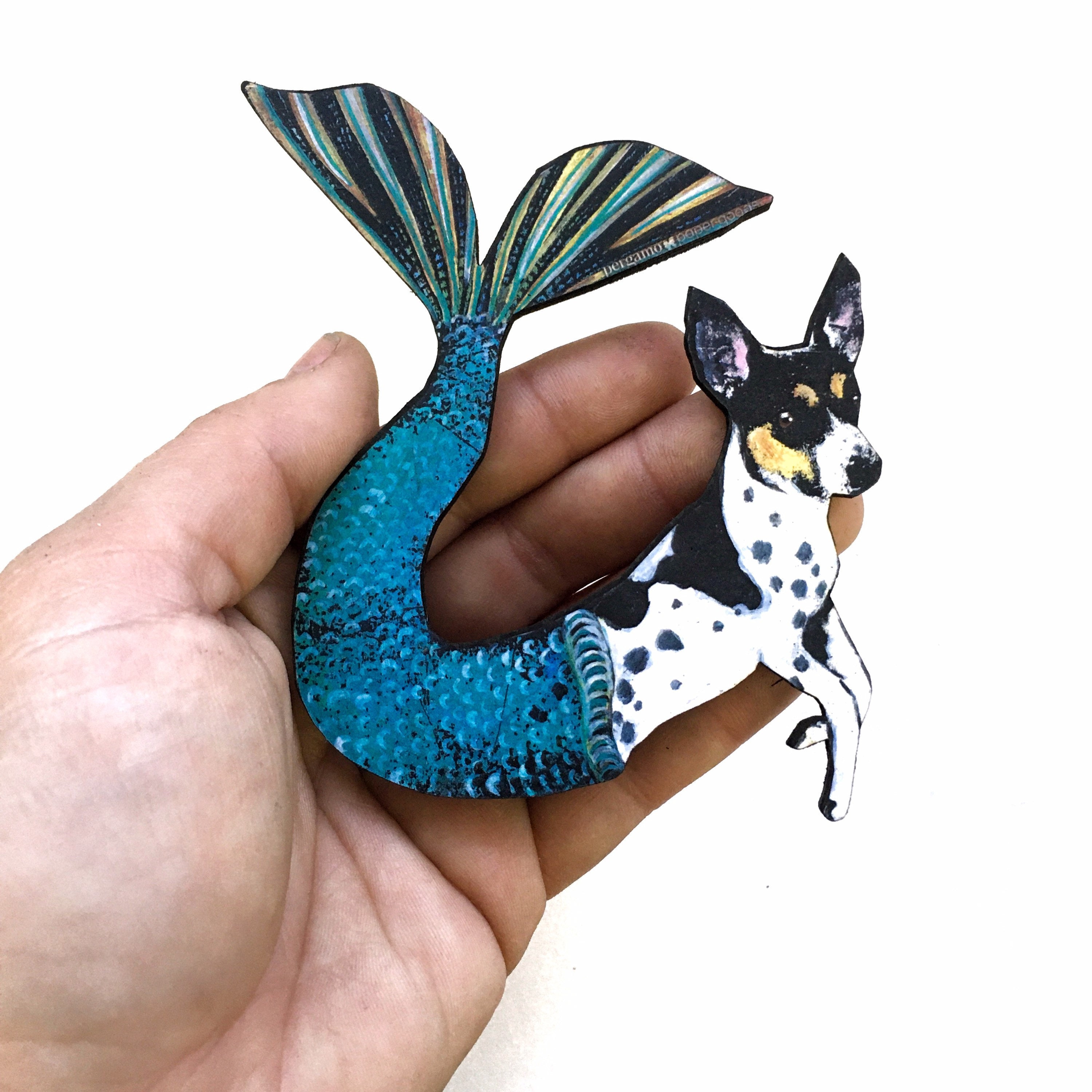 Mermaid Dog Magnet, Rat Terrier Gift, Dog Mermaid Gifts, Weird Dog Art, Rat Terrier Memorial Art Fantasy for Veterinarian, Animal Rescue