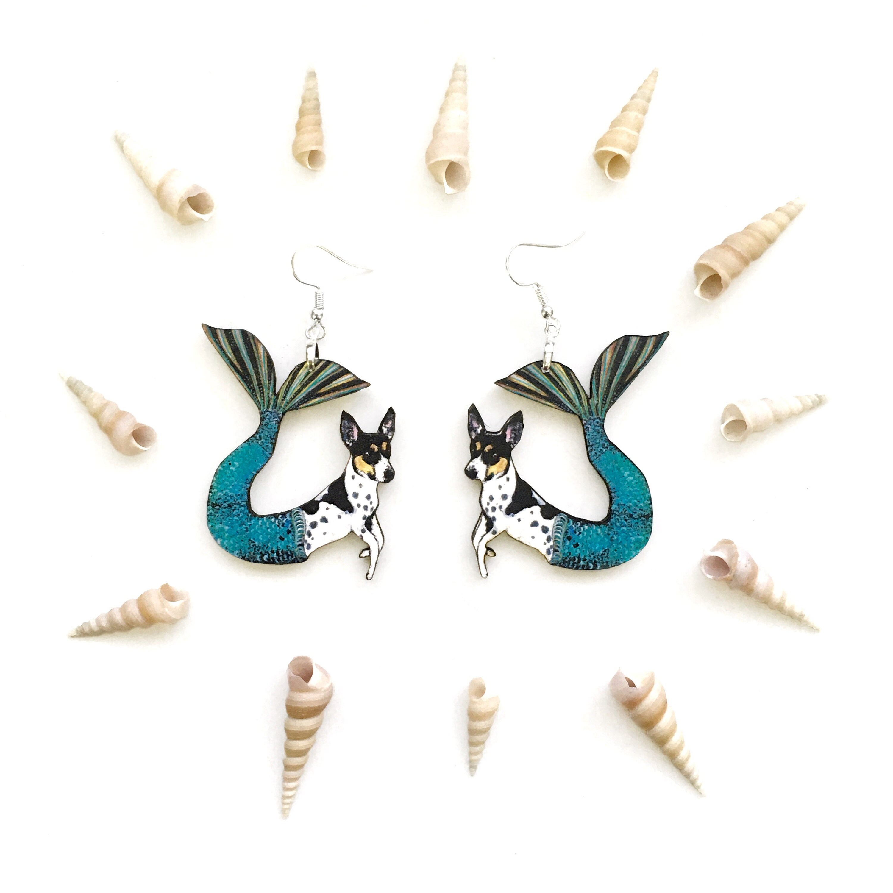 Mermaid Dog Earrings, Weird Earrings, Kitsch Earrings, Rat Terrier Jewelry Laser Cut Wood Dangle Earrings, Illustrated Retro - Thumbnail 3