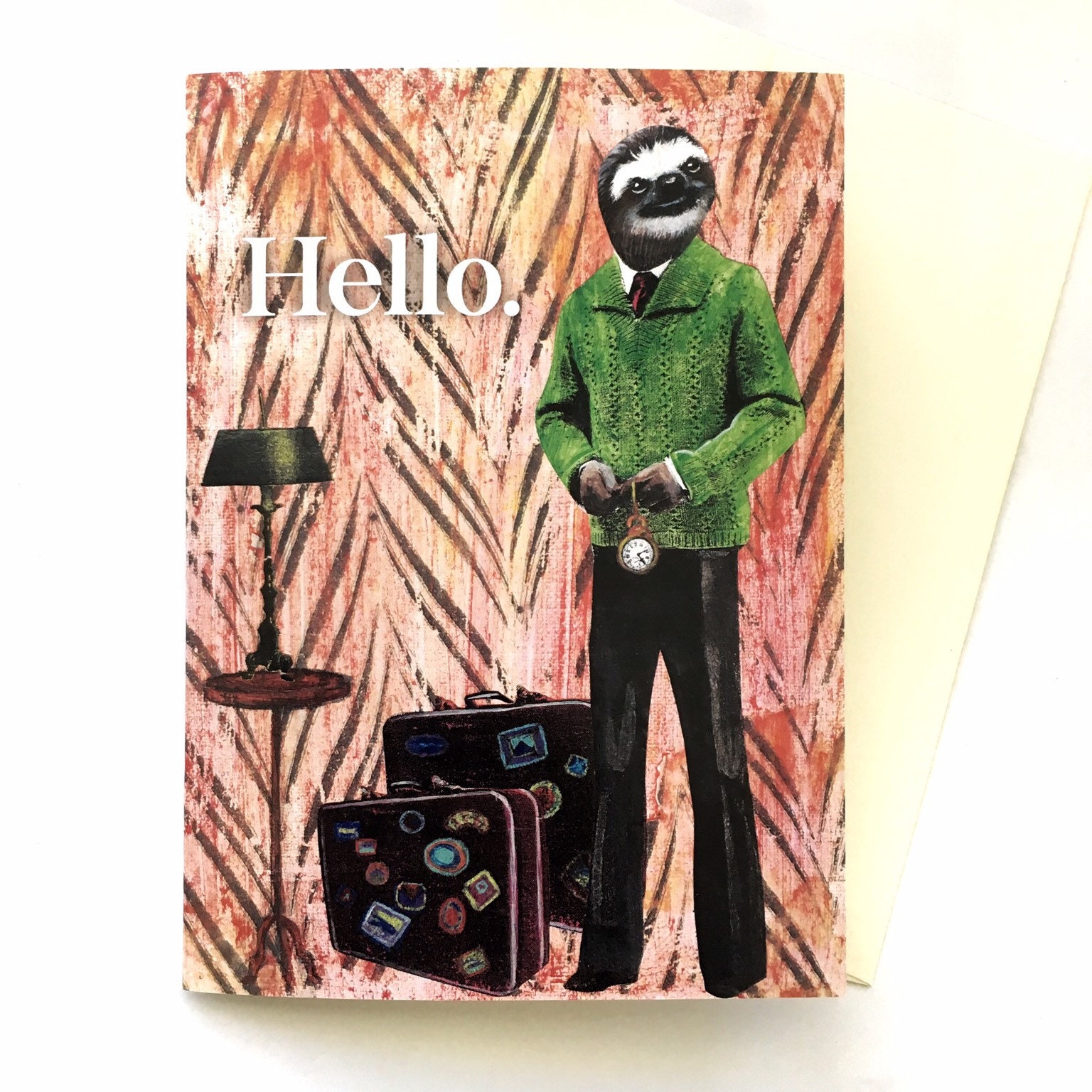 Sloth Card, Friendship Cards, Retro Sloth Gift, Penpal Snail Mail, Hello Animal Weird Art, Mens Card for Men, Vintage Travel Stationery - Thumbnail 3