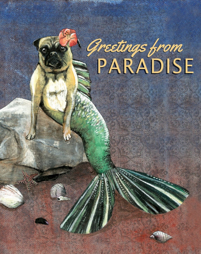 Mermaid Pug Postcards - Set of 8, Dog Greetings from Paradise Fantasy Vintage Inspired Greetings, Retro Vacation Postcard Set, Animal Rescue - Thumbnail 2