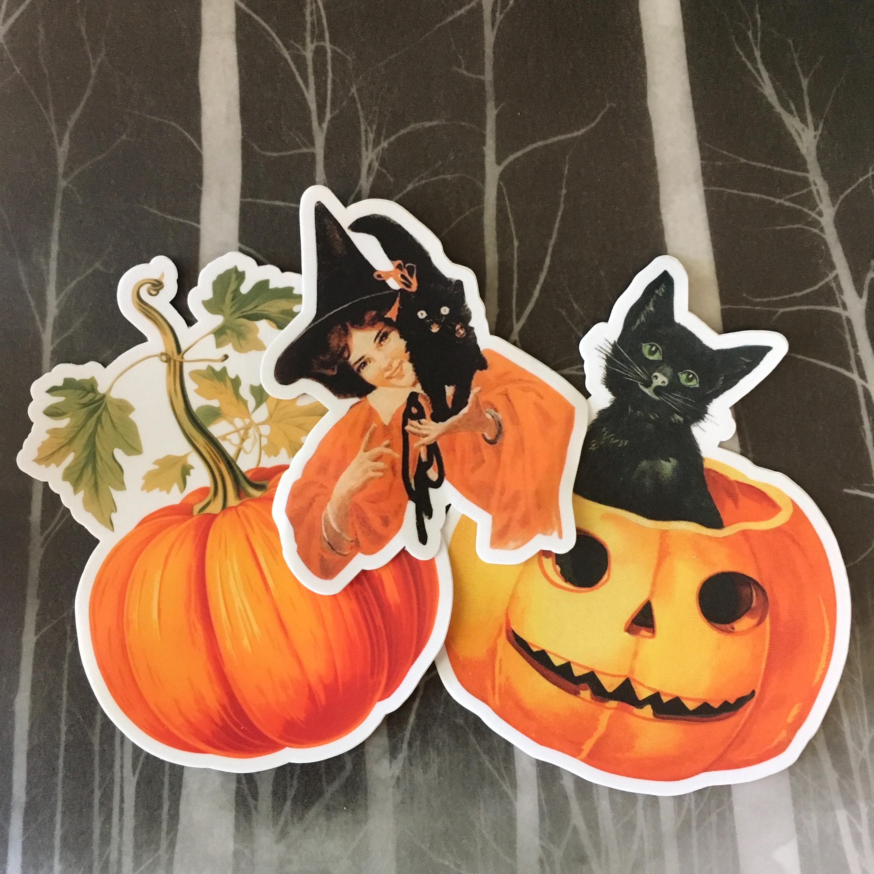 Halloween Vinyl Stickers, Vintage Halloween Pumpkin Witch Cat, Creepy Scary, Laptop Decals Decal Antique Retro Mix and Match Sticker Pack - Thumbnail 2