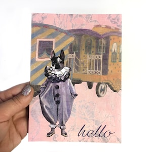 Frenchie Karte, Französische Bulldogge Karten, Weird Art Vintage Clown Karte, Seltsame Tier Briefpapier, Verkleidete Hunderettung, Surreal Retro Fun Strange