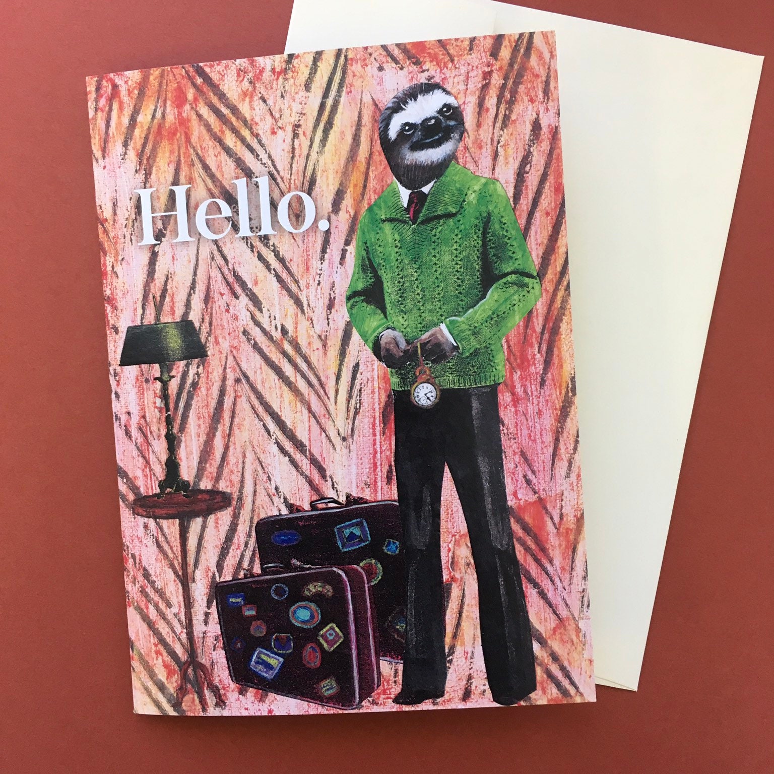 Sloth Card, Friendship Cards, Retro Sloth Gift, Penpal Snail Mail, Hello Animal Weird Art, Mens Card for Men, Vintage Travel Stationery - Thumbnail 2