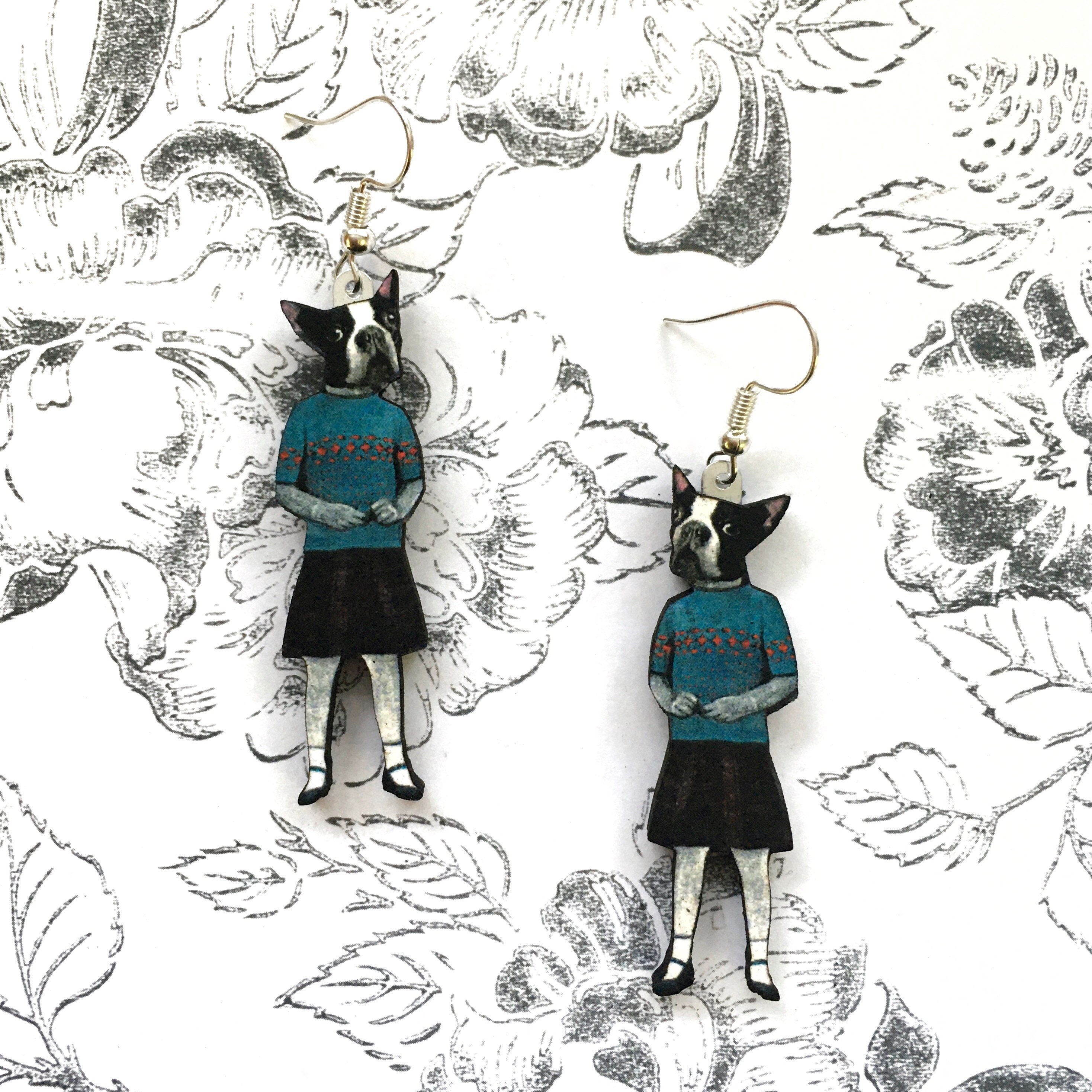 Boston Terrier Earrings, Weird Earrings, Laser Cut Wood Dog Jewelry, Surgical Steel Boston Terrier Jewelry, Illustrated Dressed Up Dog - Thumbnail 2