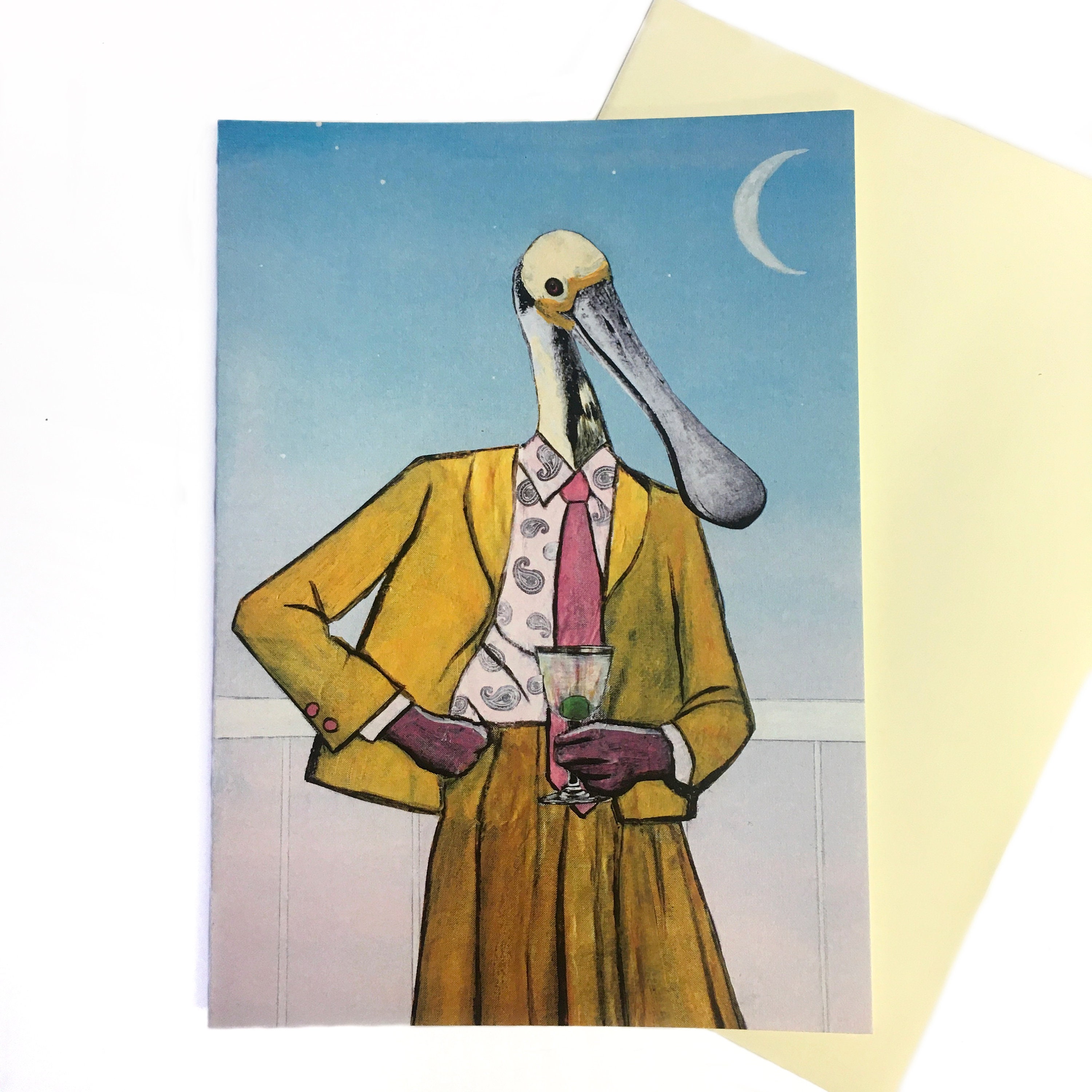 Spoonbill Card, Retro Florida Blank Cards, Congratulations Card, Weird Animal Stationery, Dressed Up Art, Surreal Vintage Fashion Retro Fun - Thumbnail 3