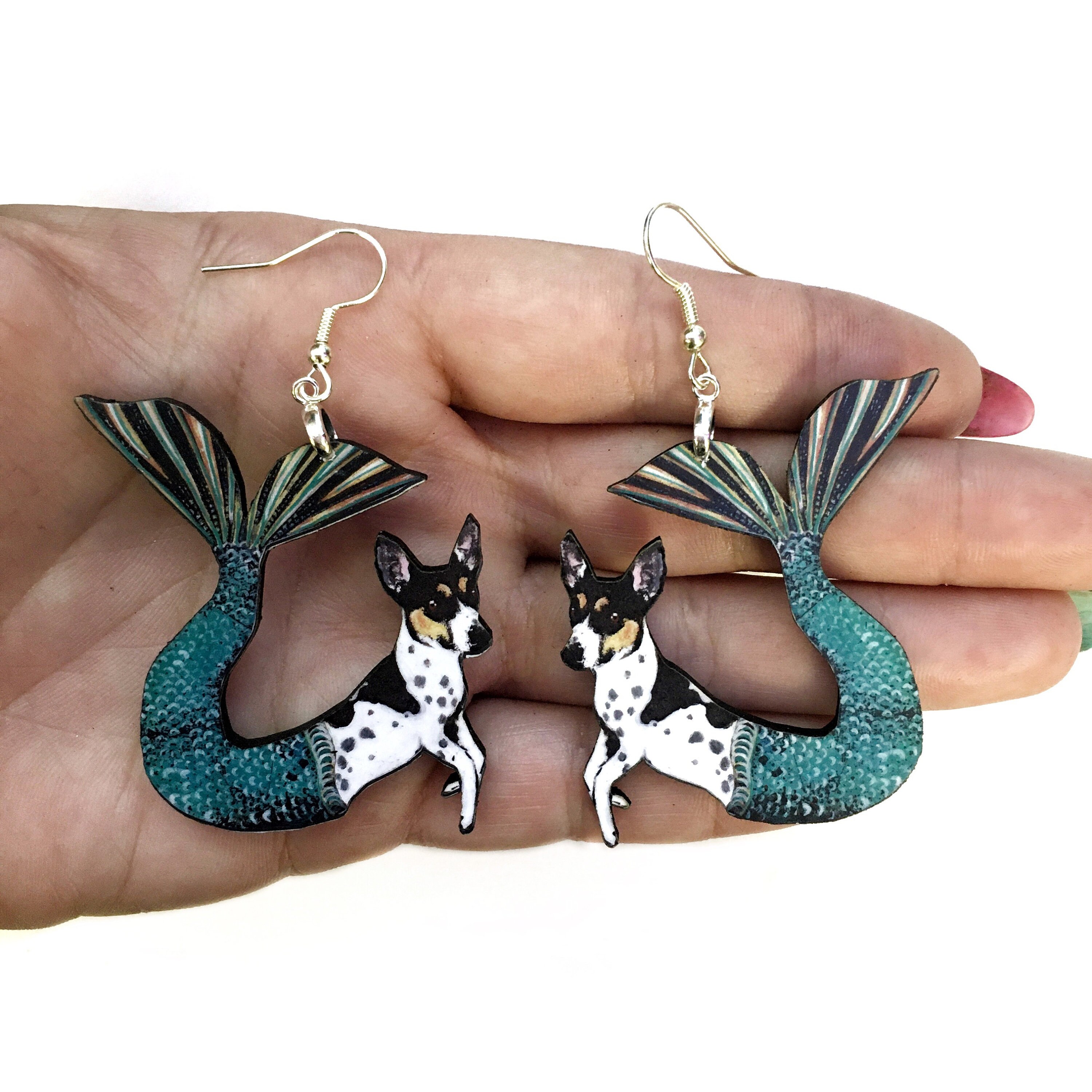 Mermaid Dog Earrings, Weird Earrings, Kitsch Earrings, Rat Terrier Jewelry Laser Cut Wood Dangle Earrings, Illustrated Retro - Thumbnail 2