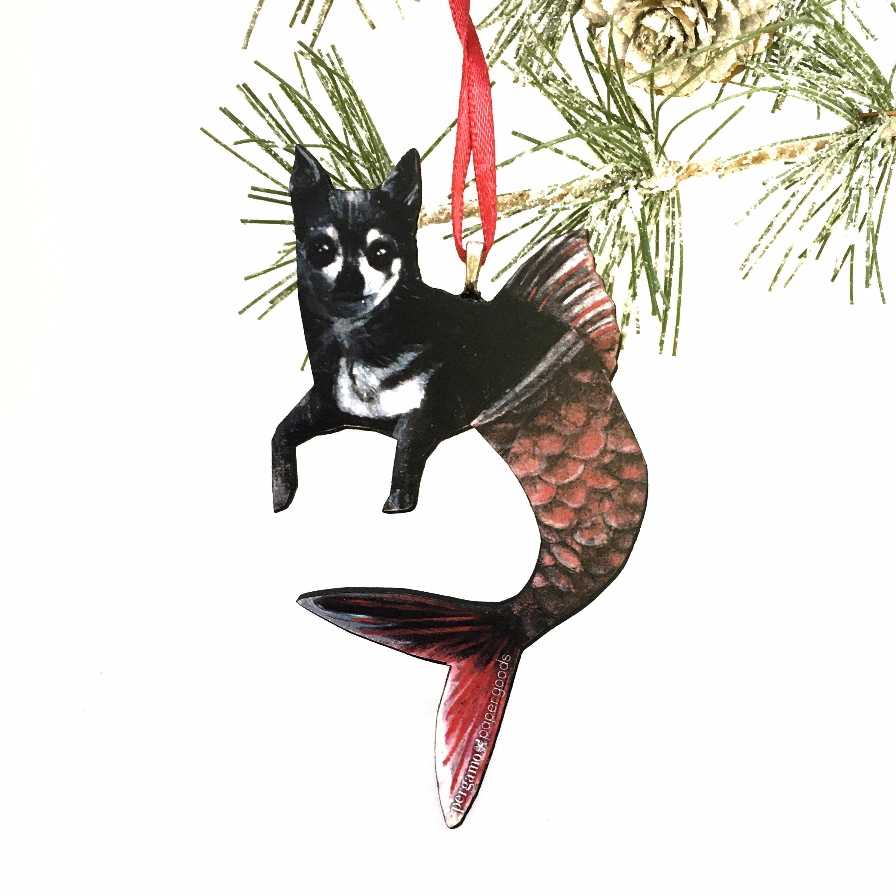 Mermaid Chihuahua Ornament, Beach Christmas Pet Memorial Gift, Illustrated Laser Cut Holiday Ornaments, Dog Mom Gifts for Dog Lovers