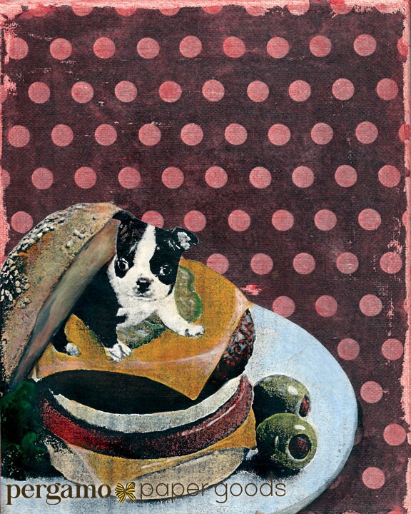 Boston Terrier Art Print, 8x10" Retro Cheeseburger Puppy, Unique Weird Dog Collage, Dog Kitchen Decor, Red Polka Dots, Vintage Hamburger Art