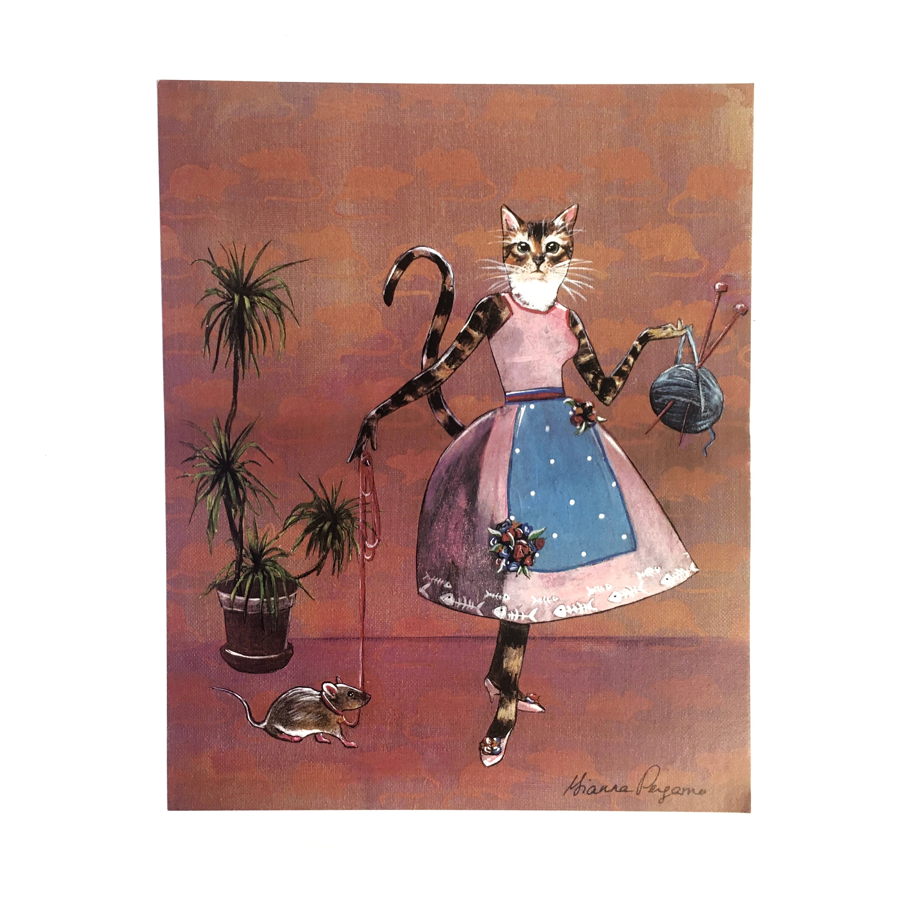 Vintage Cat Art Print, Kitschy Retro Fashion Housewarming Gift, Weird Art, Kitsch Decor Gifts, Collage Illustration for Cat Moms, Pink Room - Thumbnail 2