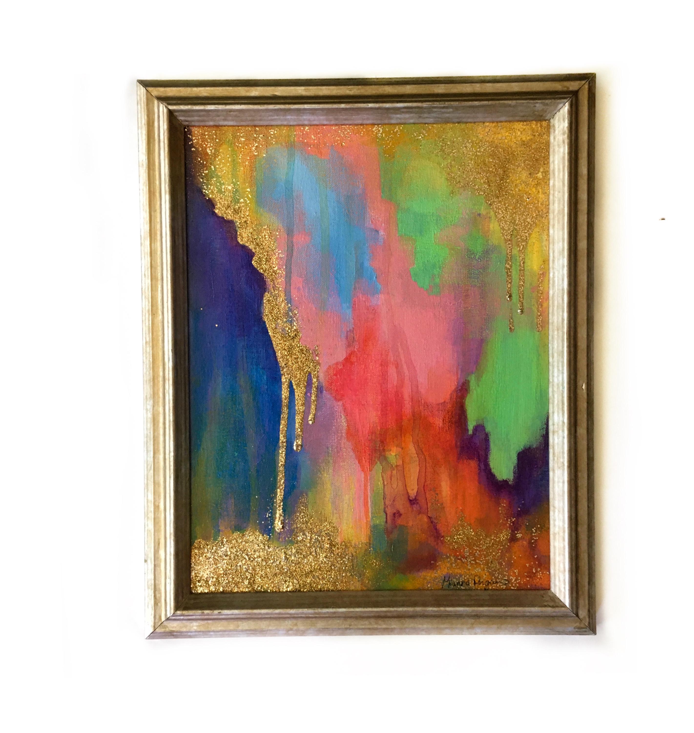 Glitter Abstract Painting, Colorful Mountain Landscape Cave Inspired Mixed Media Art, Collage Wall Painting, Original Acrylic Wall Art