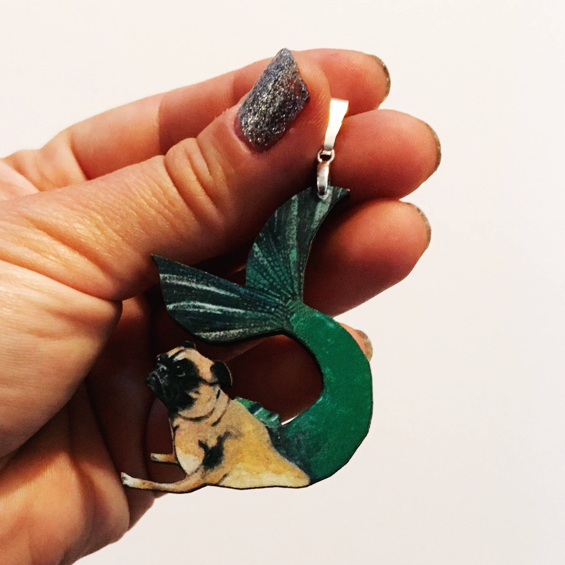 Mermaid Pug Pendant Necklace, Mermaid Pendant, Weird Pug Jewelry, Laser Cut Wood Animals, Illustrated Dog Pendant Guft, Surreal Gifts Dogs - Thumbnail 6