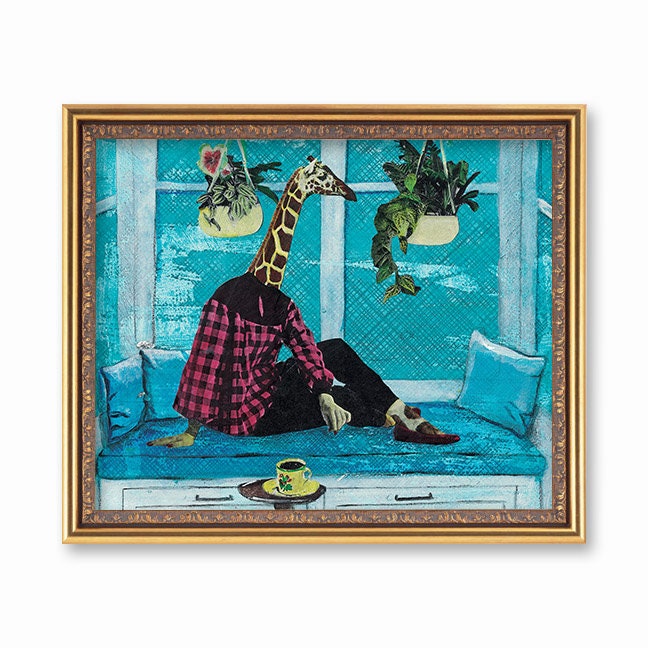 Giraffe Art Print, 8x10" Mixed Media Art, Retro Collage on Canvas, Weird Bathroom Decor Housewarming Gift, Vintage Animal Lover Gifts Giclee
