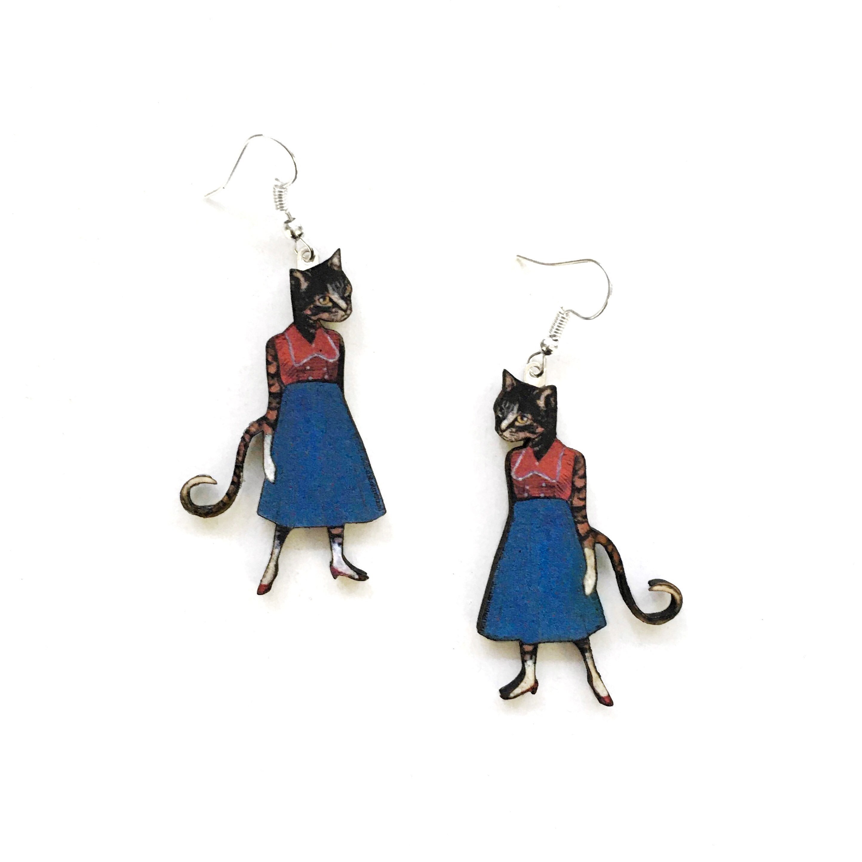 Retro Cat Earrings, Cat Lover Jewelry, Weird Earrings Kitty Dangle Earrings, Illustrated Dressed Up Cats Clip On Ons - Thumbnail 5