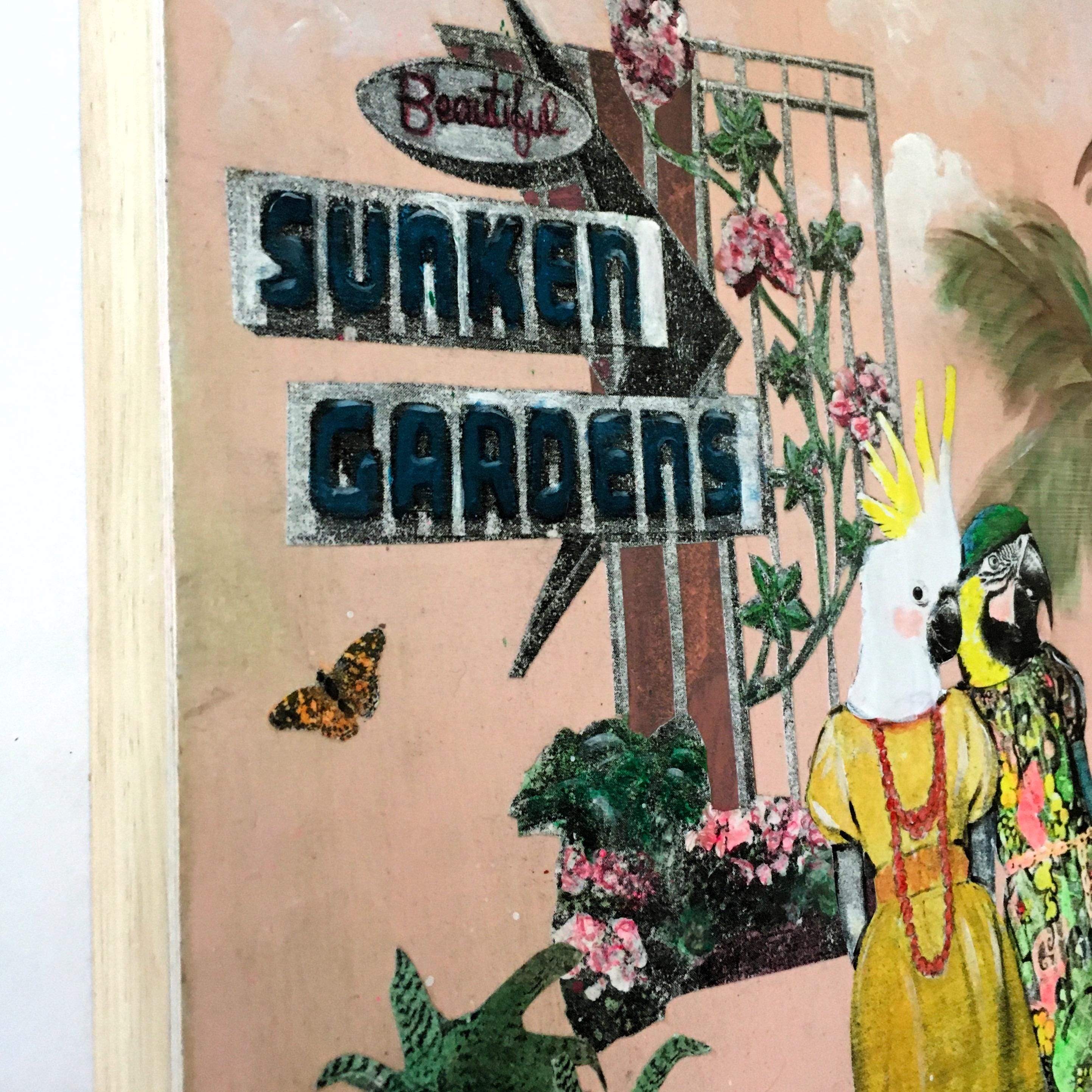Florida Birds Painting, Sunken Gardens Retro Inspired Mixed Media Art, Collage Wall Painting, Original Acrylic Wall Art, Weird Animal Gift - Thumbnail 2
