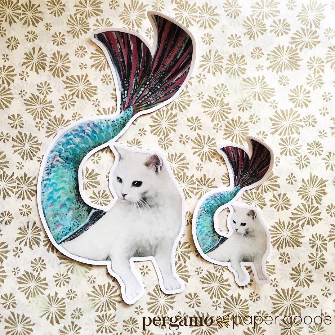Mermaid Cat Sticker, Vinyl Laptop Stickers, White Cat Mermaid Decals, Cute Cat Mom Crazy Cat Lady Kitten Decal Animal Rescue, Wholesale - Thumbnail 3