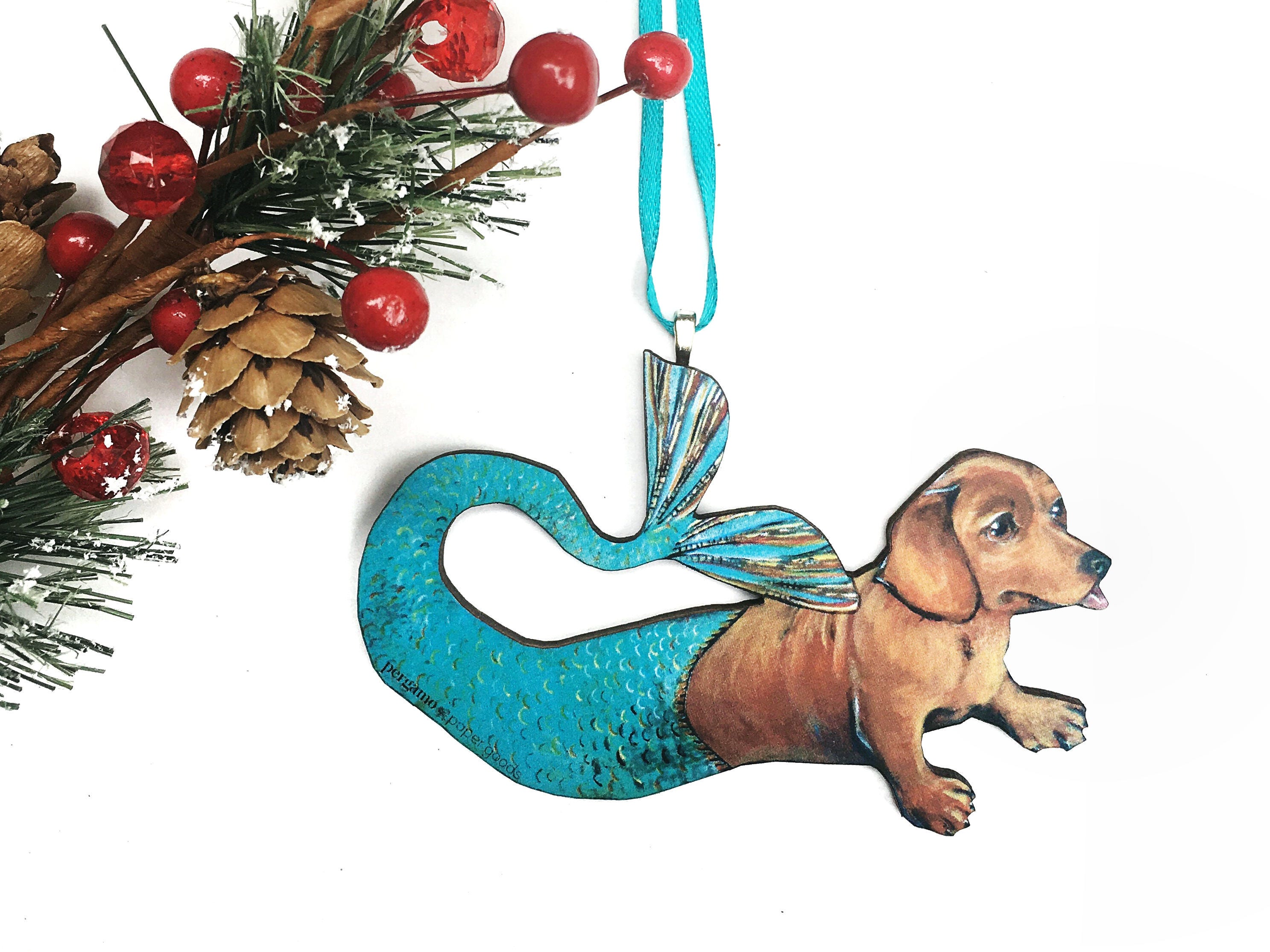 Dachshund Laser Ornament, Mermaid Dachshund Ornament, Dog Christmas Ornament, Gifts for Dog Lovers, Dachshund Mom, Dog Stocking Stuffer
