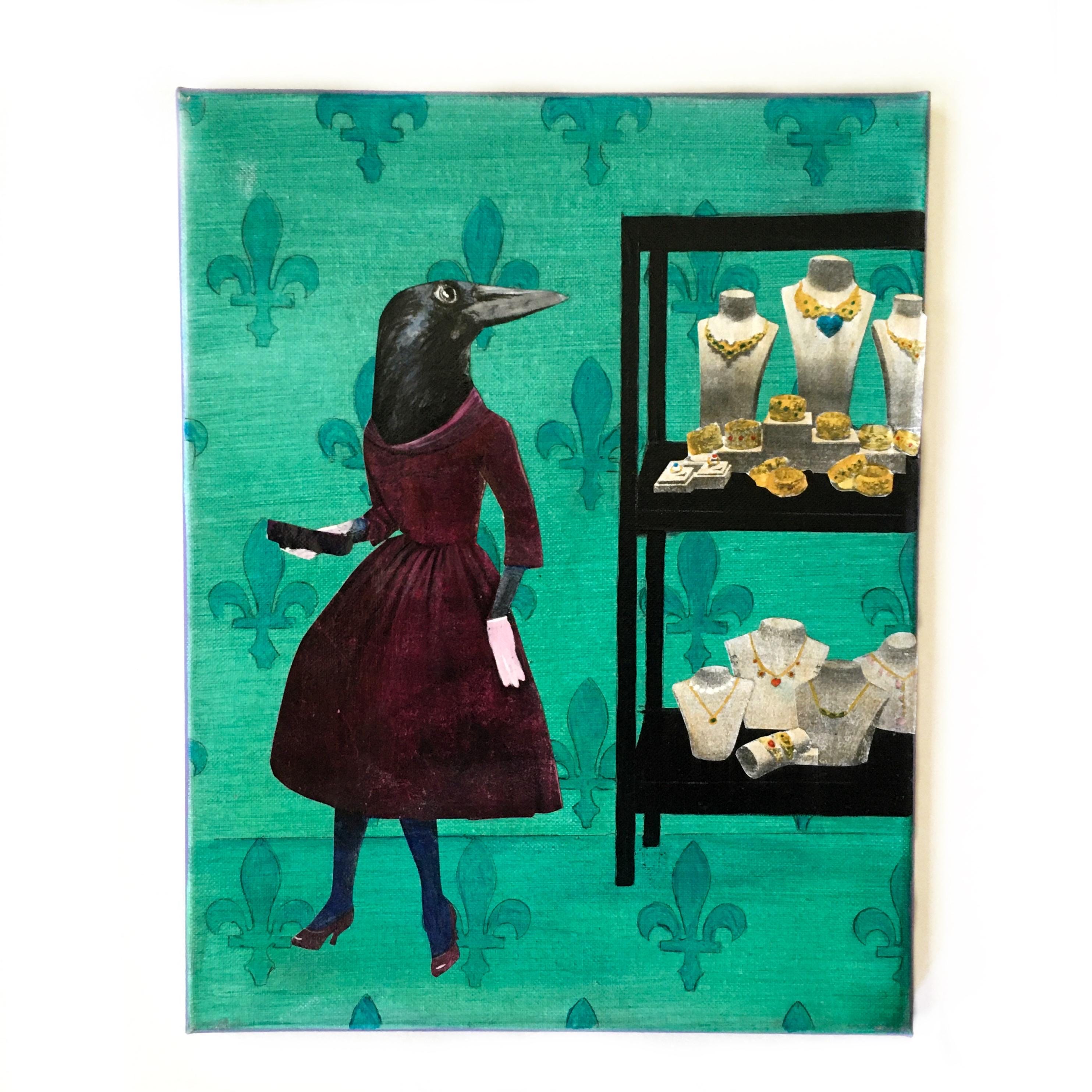 Vintage Crow Painting, Retro Inspired Mixed Media Art, Collage Wall Painting, Original Acrylic Wall Art, Weird Animal Lover Gift Green